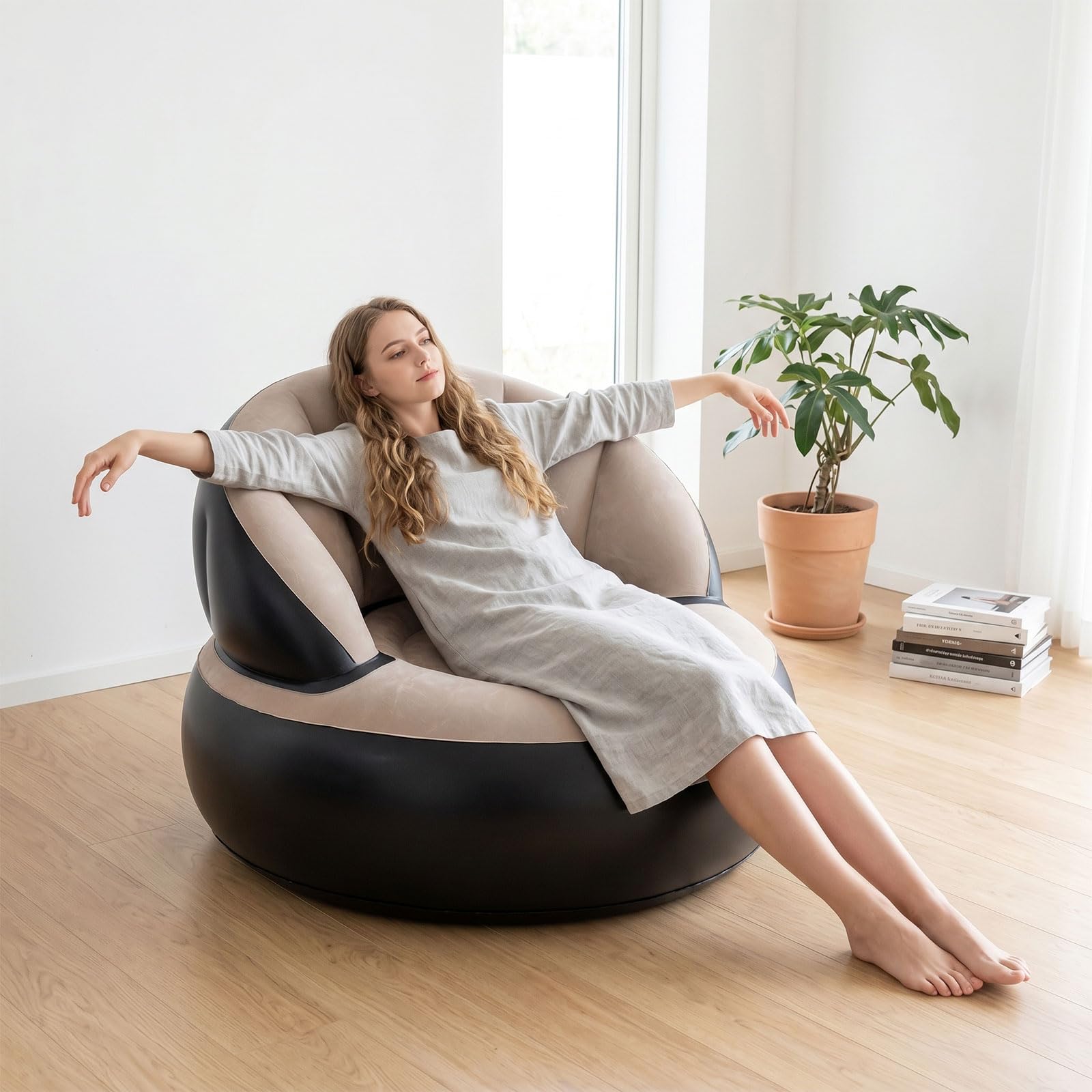 Aufblasbares Sofa in Muschelform, Aufblasbarer Stuhl Leicht zu Reinigen, Verhindert Luftlecks, Beflocktes PVC für Camping, Gaming, Mittagspause, Gartenparty, Genießen Sie Sonnenbaden (Grau)