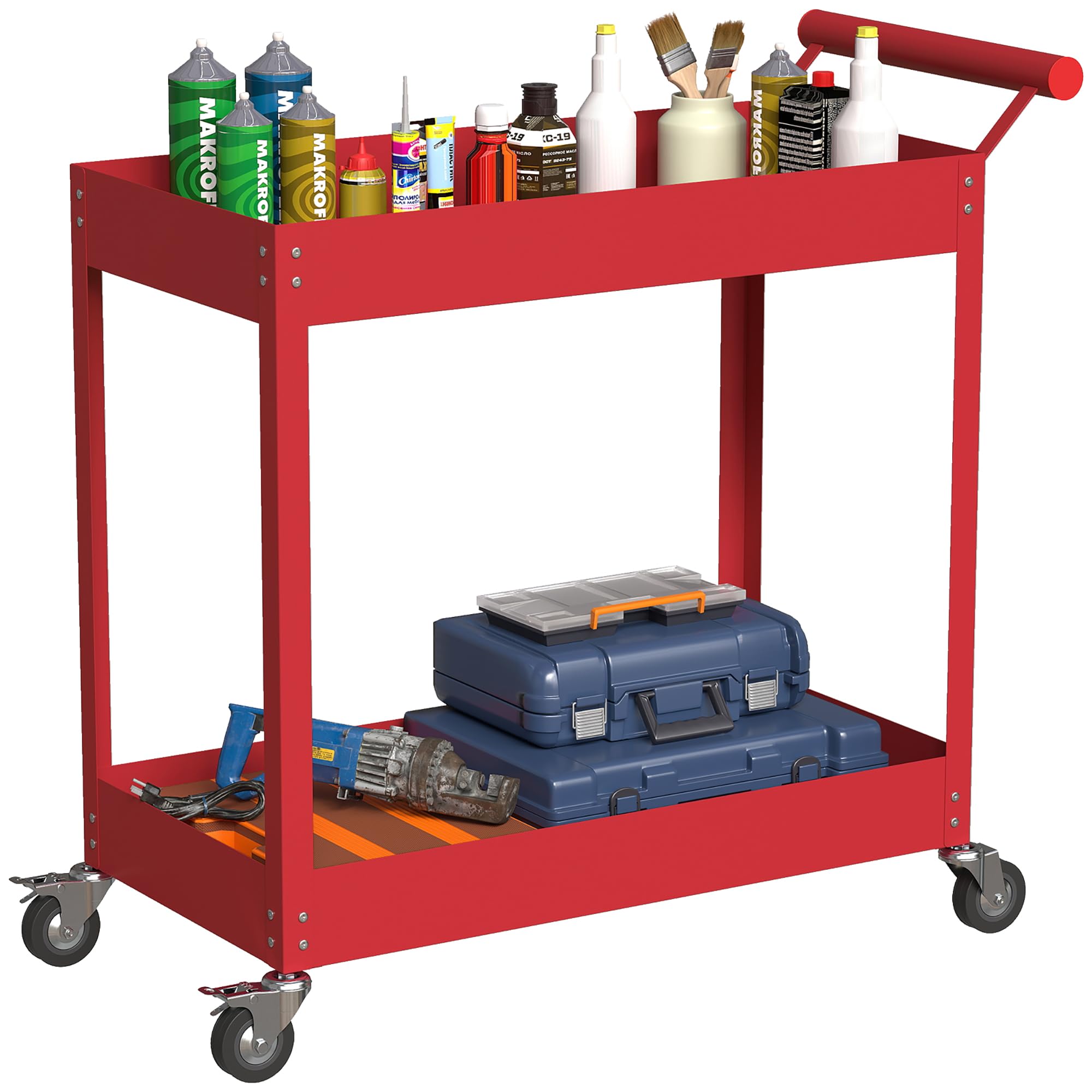 DURHAND Chariot d'atelier servante Atelier Chariot à Outils à 2 Niveaux, poignée latérale et roulettes verrouillables, pour Garage, entrepôt, Outils de Bricolage, Charge 150 Kg, 84,5x38x84cm, Rouge