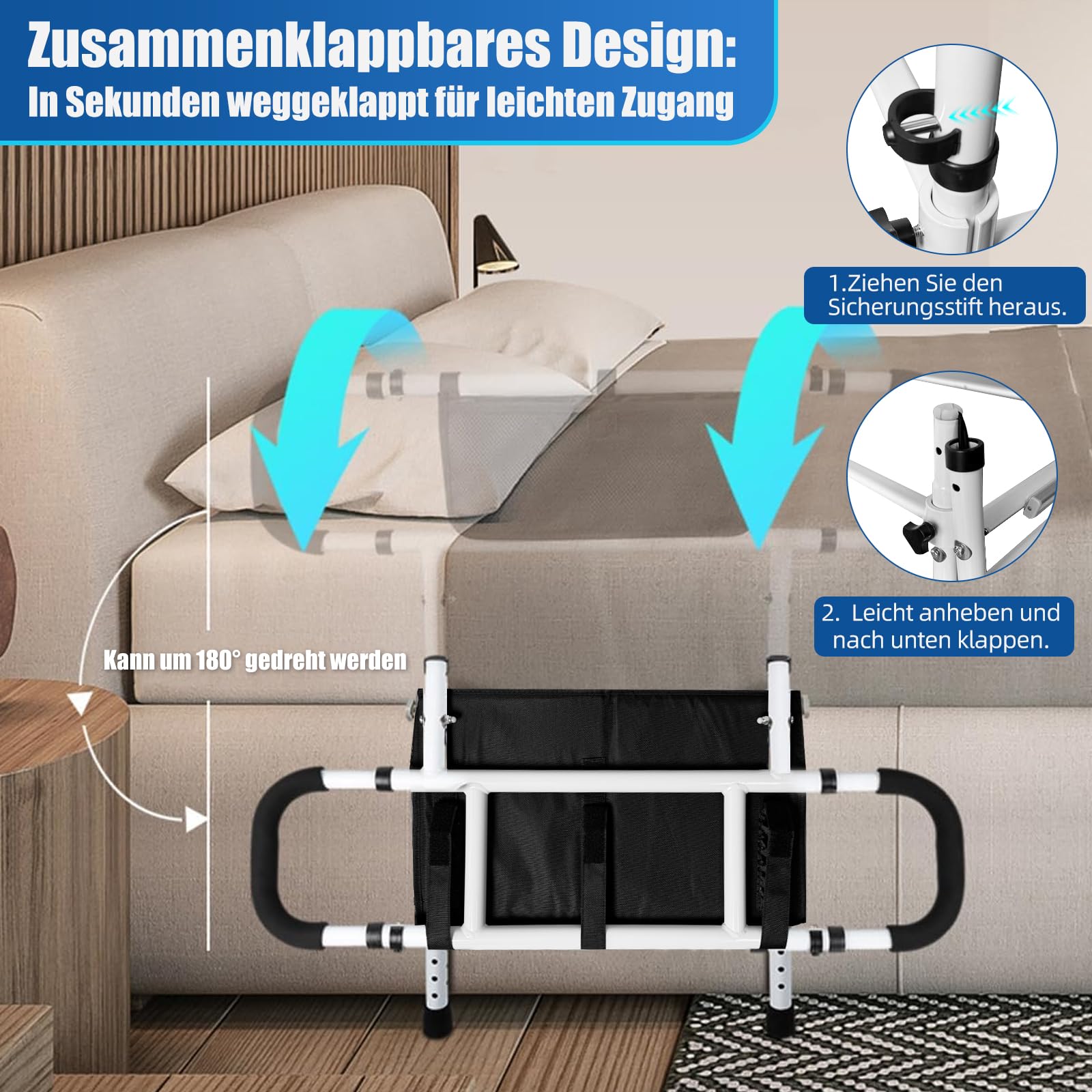 Bett Aufstehhilfe für Senioren, Faltbares & Höhenverstellbares Bettgitter mit Haltegriff, Aufstehhilfe Bett bis 160kg, Inkl. Tasche, Bettschutzgitter für Erwachsene für alle Betten