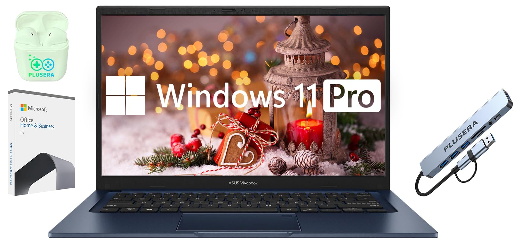 ASUS 14" FHD Vivobook Laptop Computer, 16GB RAM 768GB Storage (512GB SSD+256GB Docking Station Set), 6-Core Intel Core i3, Windows 11 Pro with Microsoft Office Home & Business, PLUSERA Earphones