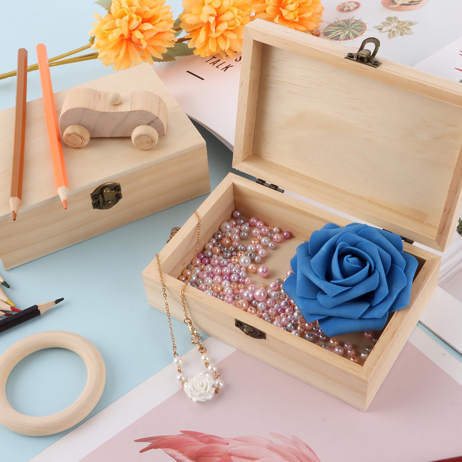 Houten kist, houten kist met deksel, kleine natuurlijke houten opbergdoos als geschenkdoos, schatkist, sieradendoos voor decoratie, doe-het-zelf schilderen (20 x 10 x 6 cm