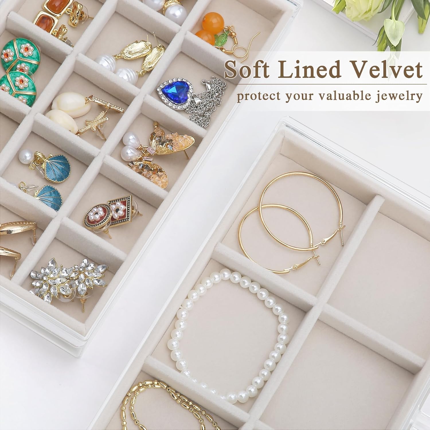 Joyero acrílico para mujer con 5 cajones, organizador de joyas con bandeja de terciopelo, estuche para guardar collares, anillos, pendientes y pulseras (Beige, 5 Drawers)