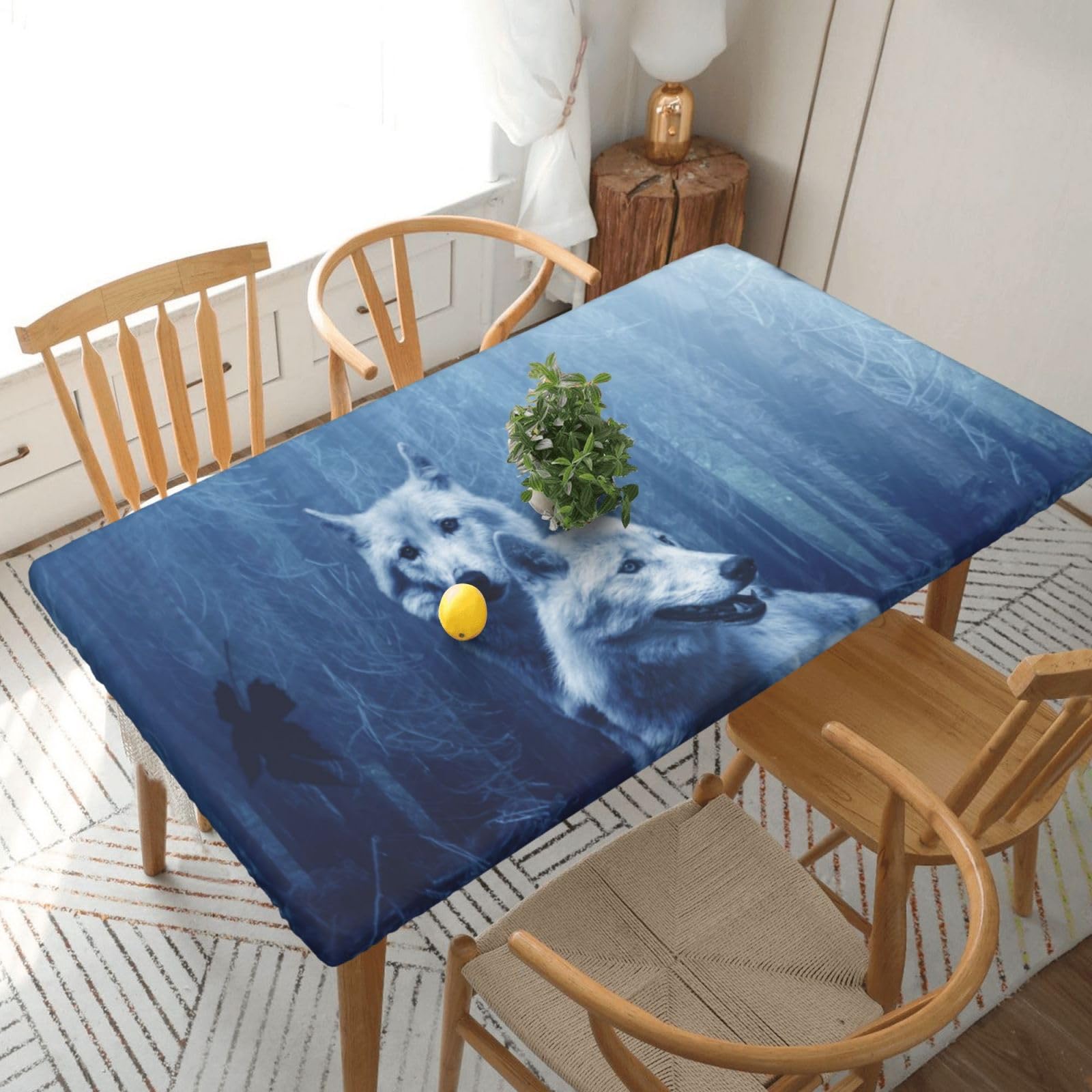 DCEHGEW Elastic Fitted Rectangle Tablecloth for 5ft Tables, Wolf in The Wild Printed Oilproof & Washable Fabric Picnic Table Cloth Table Covers