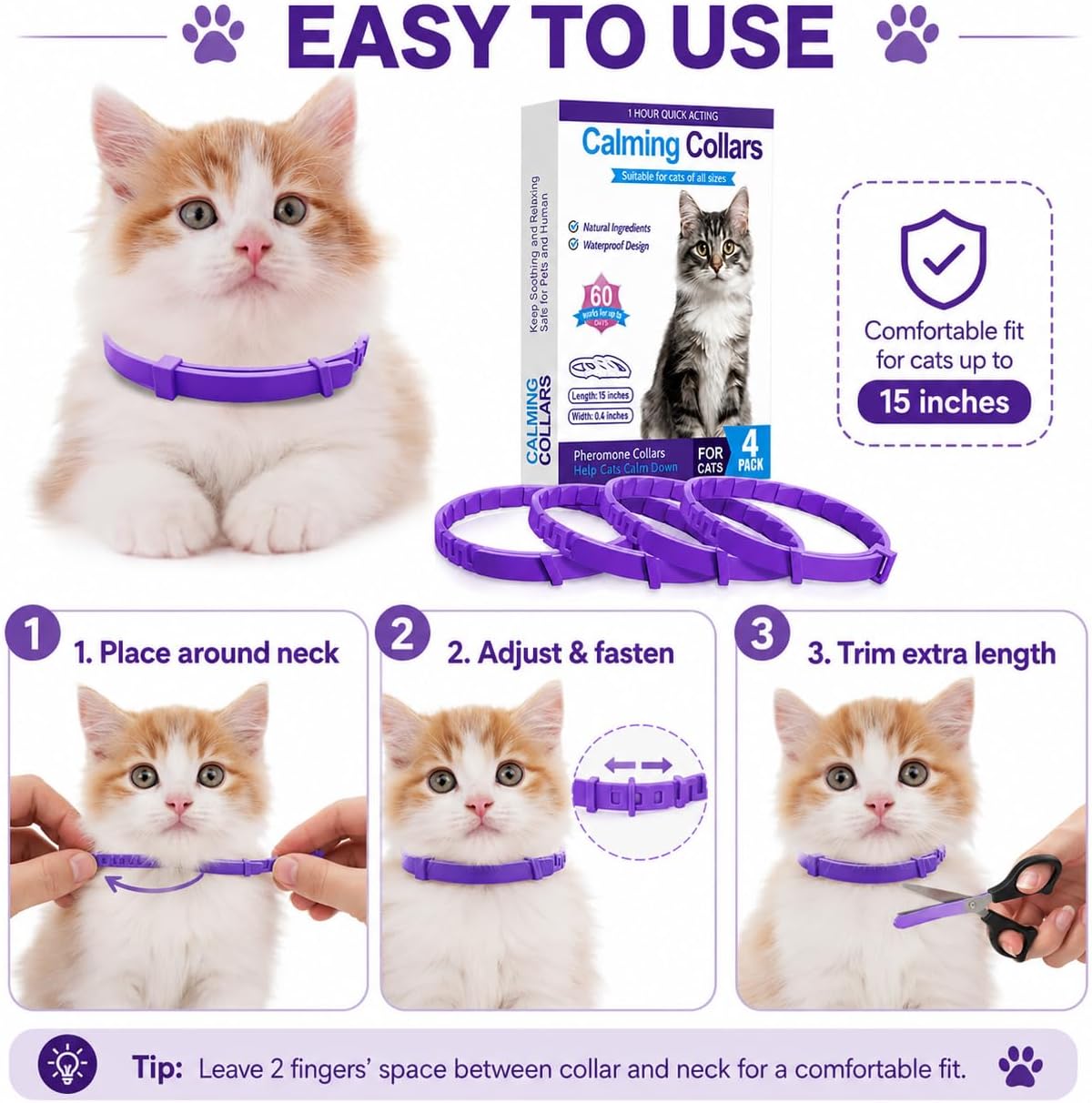 4 Pack Calming Collars for Cats, Adjustable Cat Pheromone Collars for Stress & Anxiety Relief, Cat Calming Collar, Waterproof TPR Collar for Travel, Vet Visits, Moving, Purple, Work for up to 60 Days