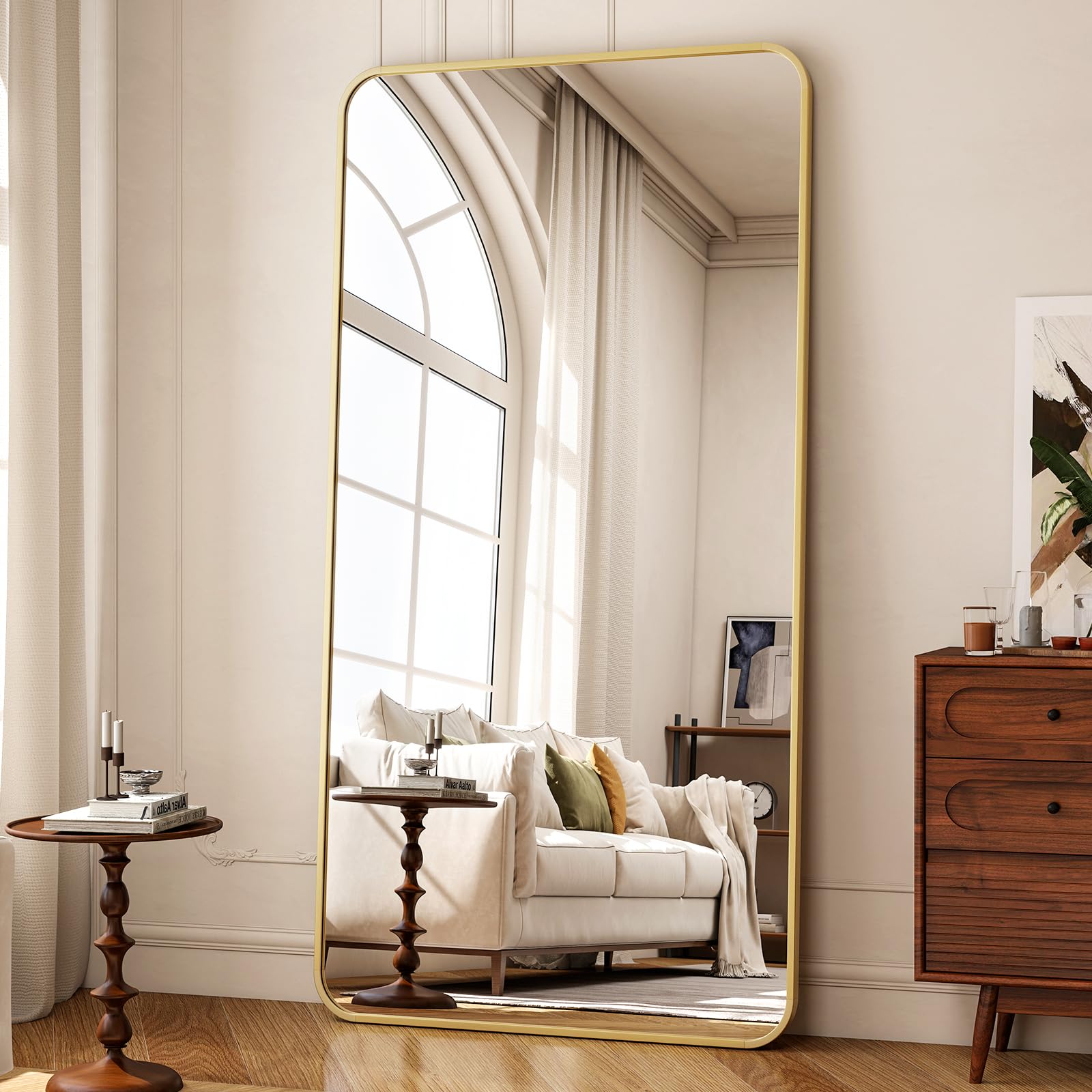 Koonmi Full Length Mirror, 192 x 85 cm, Rectangle Round Corner Full Body Mirror with Stand, Aluminium Alloy Frame, Tempered Glass, for Bedroom, Living Room, Cloakroom, Gold