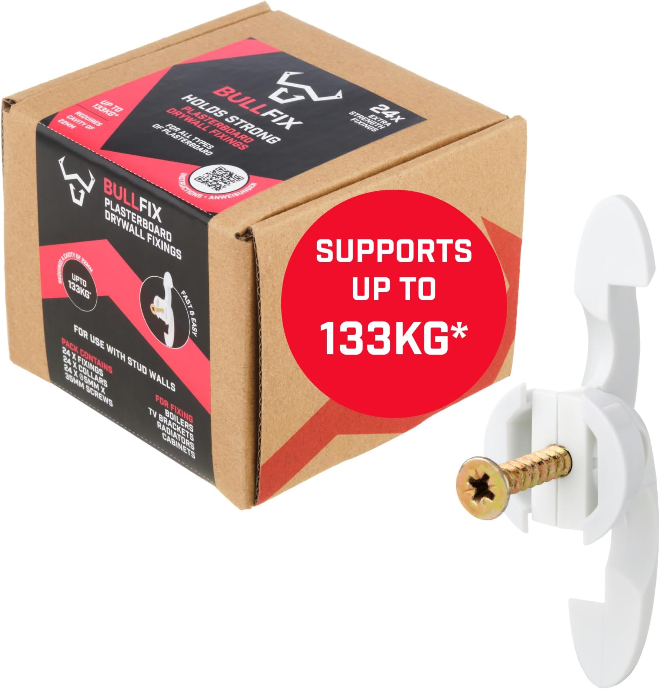 Bullfix Extra Plasterboard Fixings Heavy Duty 24 Pack, Drywall Anchor, Plasterboard Wall Plug Alternative, Stud & Hollow Cavity Wall Anchor Kit with Screws