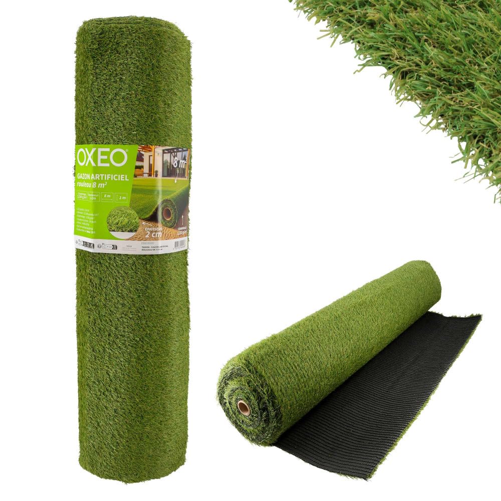 Oxeo Gazon synthétique Artificiel Rouleau 8m2-1230g/m2 - Épaisseur 2cm - Pelouse synthétique Balcon, terrasse - Effet Naturel