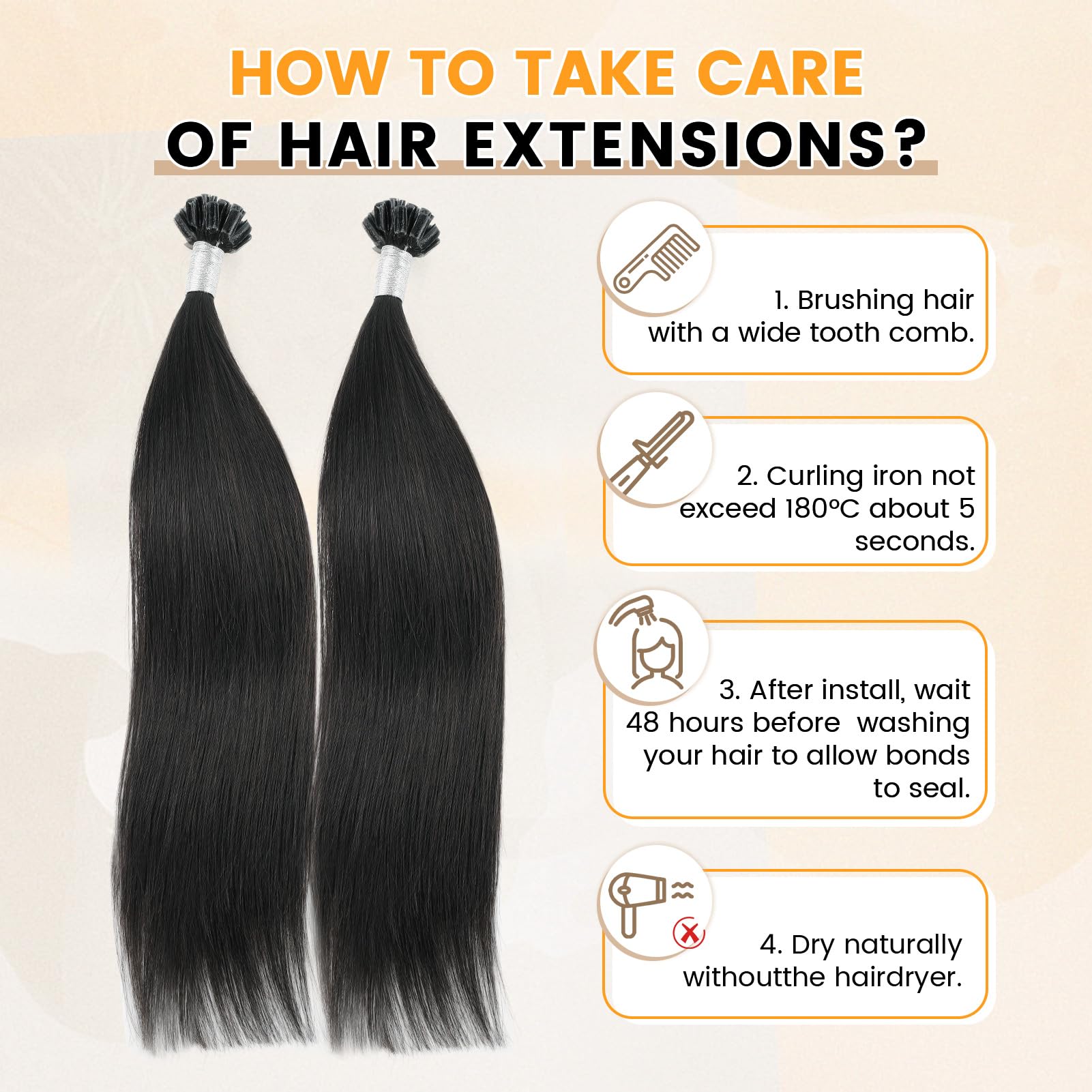 Yuniffe U Tip Hair Extensions Real Human Hair Extensions U Tip Hot Fusion Hair Extensions Remy Straight Hair Extensions Nail Tip Keratin Real Hair Extensions Jet Black 20 inch 50g/50s - Image 4