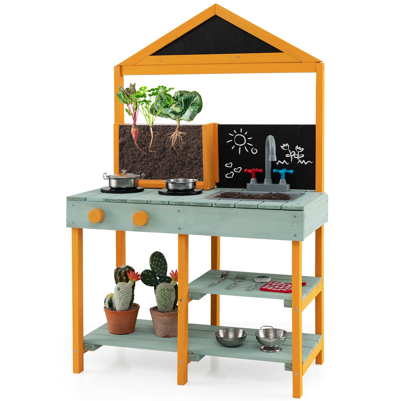 GYMAX Kids Mud Kitchen, Outdoor Toy Kitchens with Root Viewer Planter, Faucet, Removable Sink, 2 Chalkboards, Shelves & Cookware Accessories, Wooden Play Kitchen for 3+ Years Old (Green+Yellow)