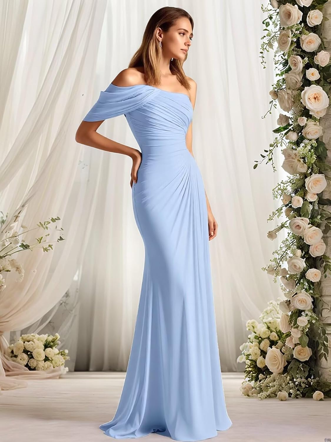 One Shoulder Bridesmaid Dress for Women Pleated Chiffon Long Prom Dress Mermaid Formal Evening Gowns - Image 7
