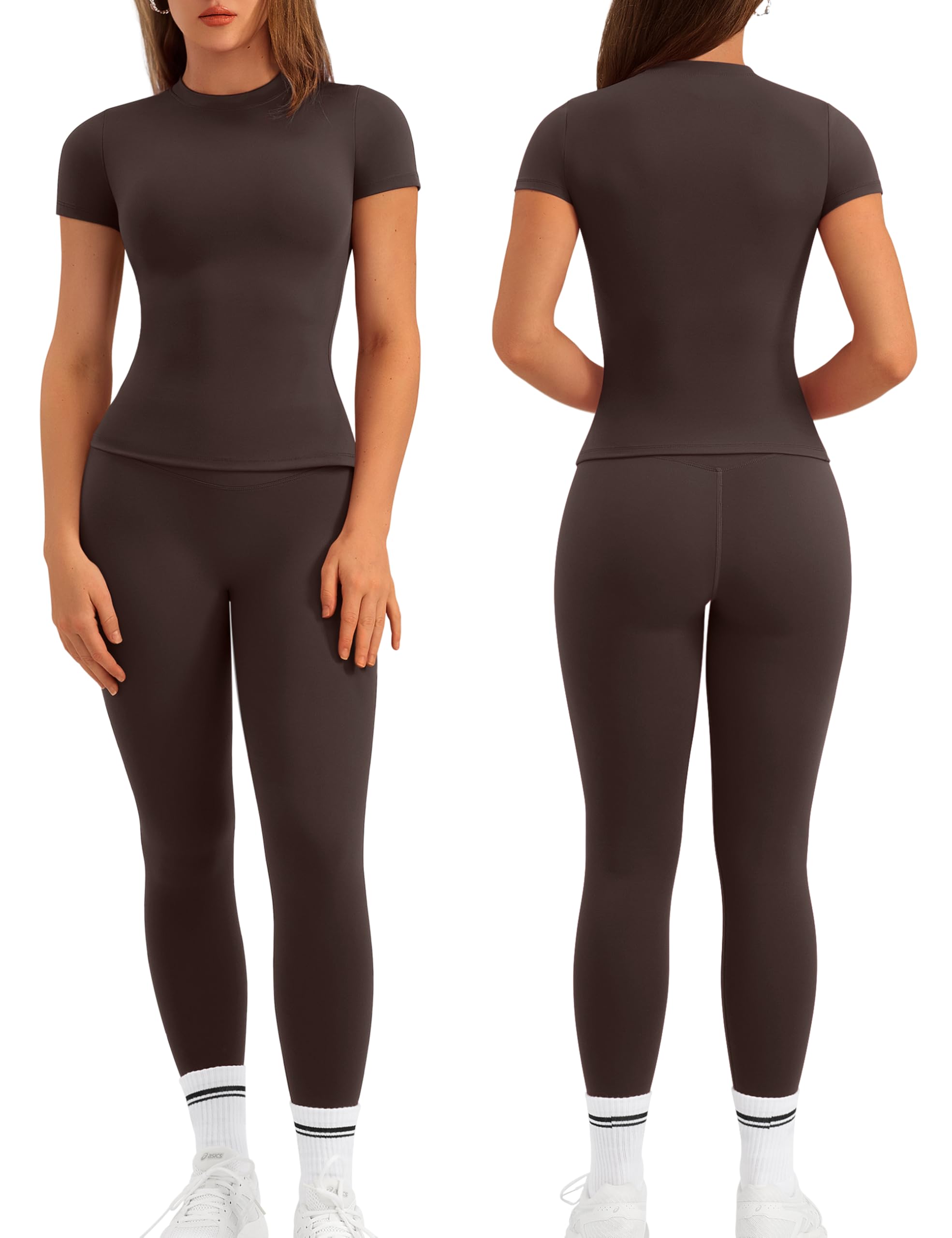 Relety Womens Two Piece Workout Sets Slim Fit Short Sleeve Shirt High Waist Leggings Yoga Outfits Matching Gym