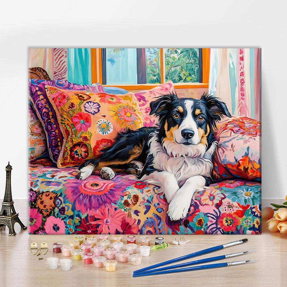 TISHIRON Paint by Numbers for Adults 40x50cm, DIY Acrylic Painting Kit on Artist-Grade Linen Canvas, Relaxing Mindfulness Craft for Home Wall Decor - Dog Laying on a Couch (Without Frame)