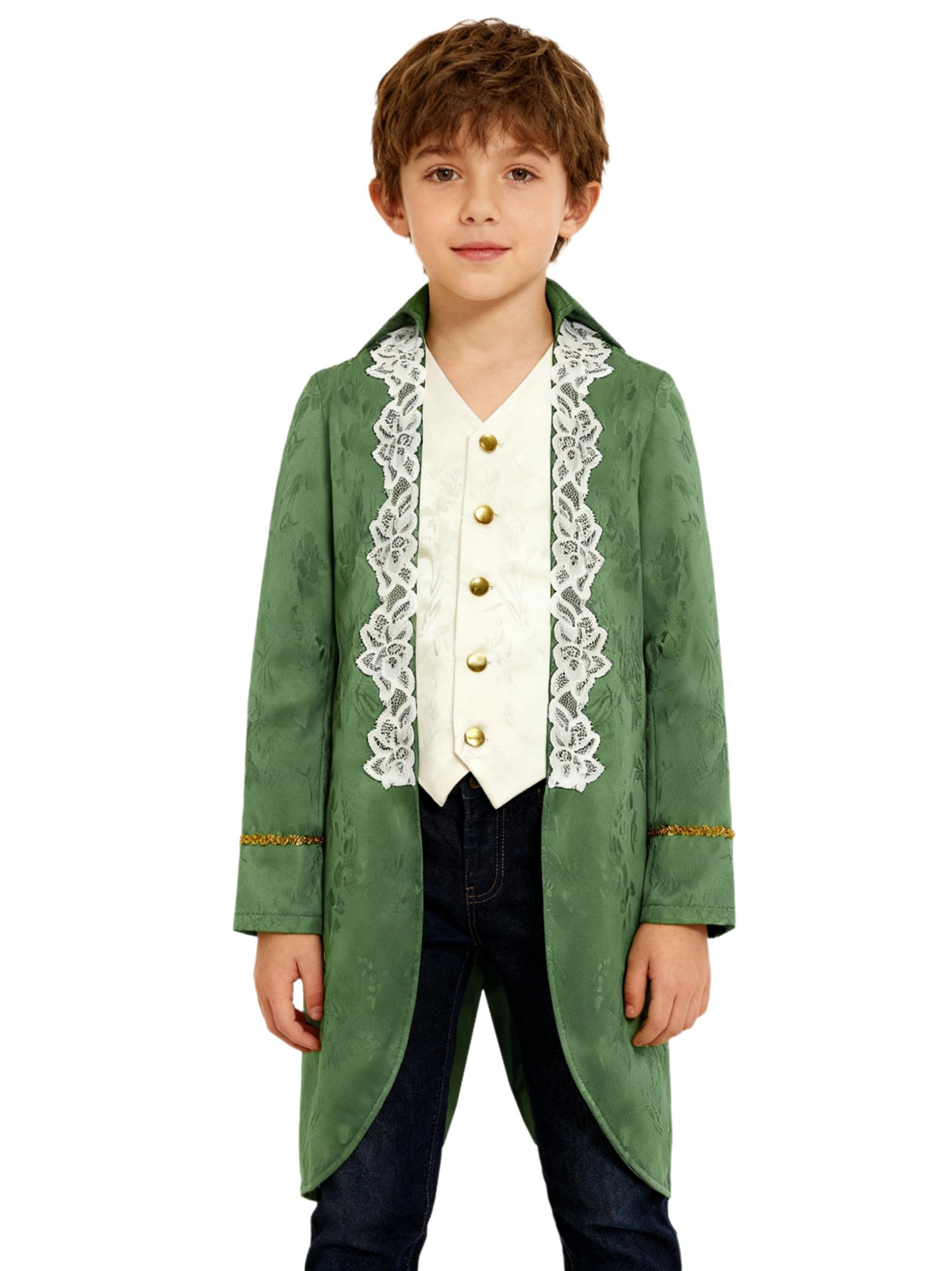Hansber Boys Medieval Renaissance Victorian Jacket 19th Century Attire Gothic Punk Medieval Pirate Cosplay Costume Green 7-8 Years