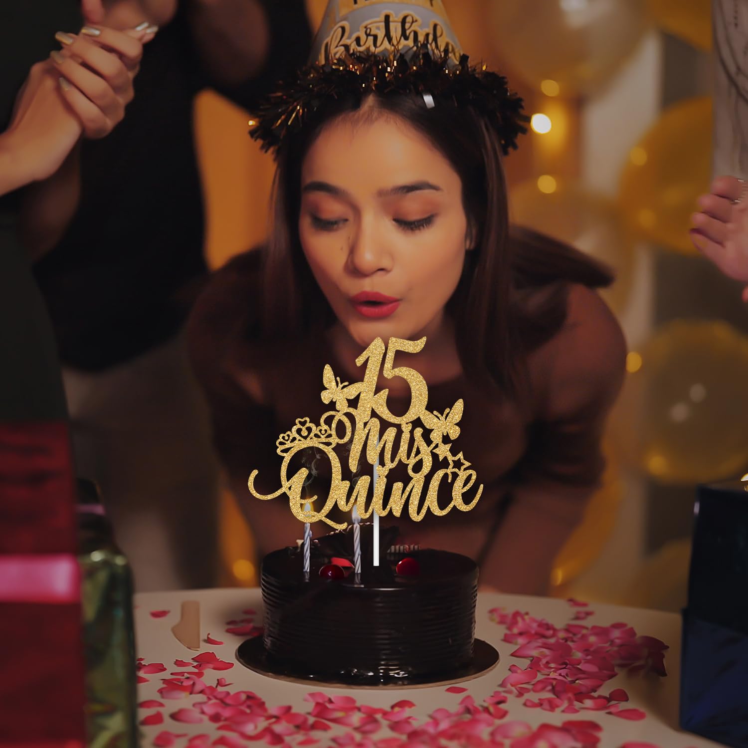 RLXPT Mis Quince 15 Cake Topper, Mis Años 15/Feliz 15 Años Cake Decor, Happy 15th Birthday Anniversary Party Decorations Supplies Gold Glitter