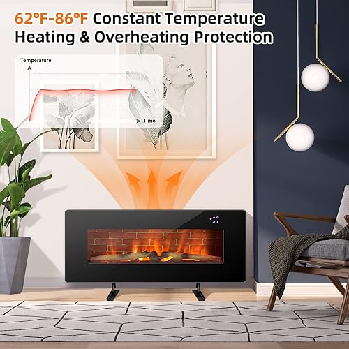 Miniatura 3 de Tangkula Chimenea eléctrica de 42 pulgadas, calentador eléctrico independiente y montado en la pared, chimenea eléctrica de 1400 W con temporizador,