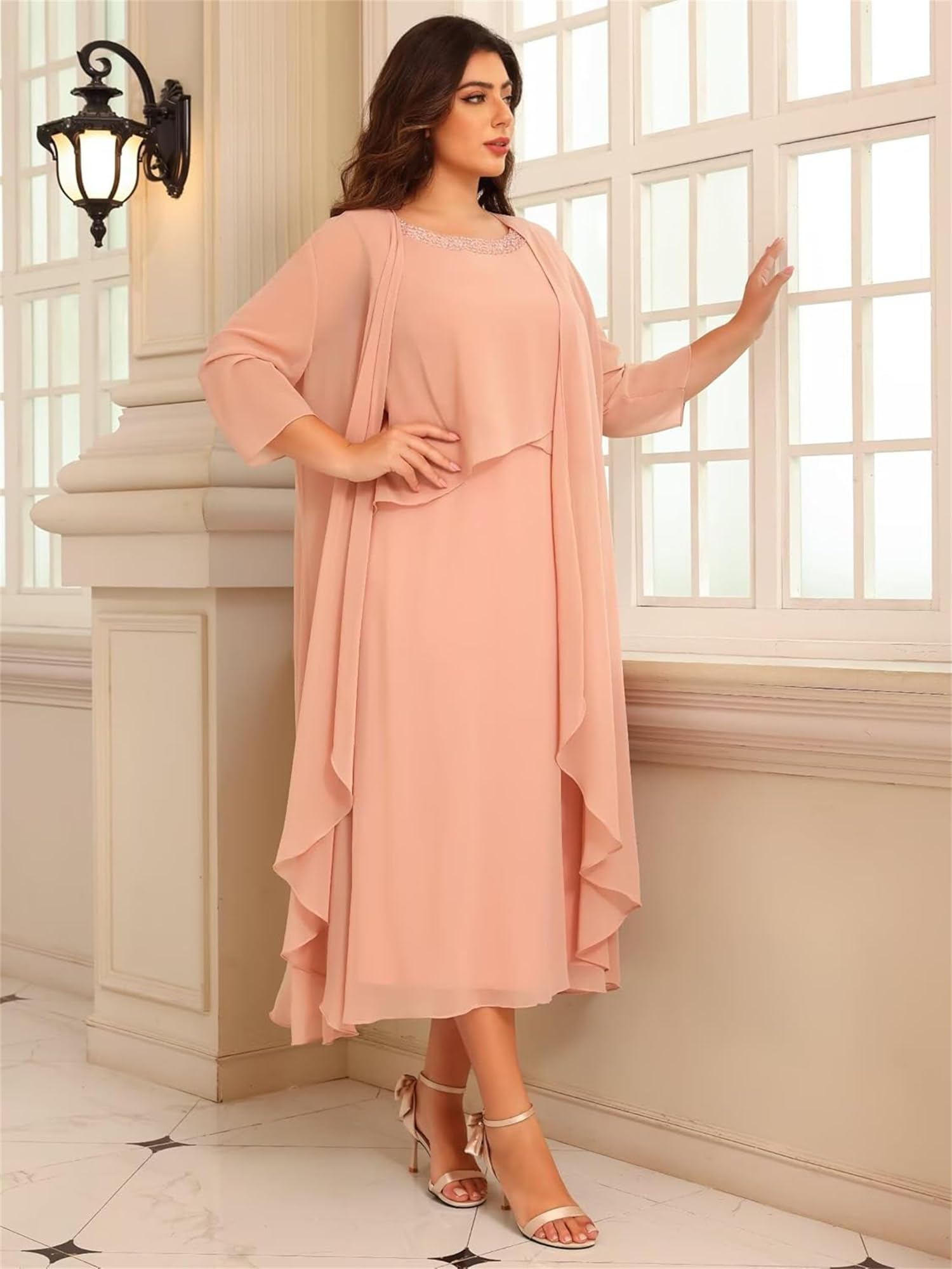 Große Größe Abendkleider Damen Lang,Zweiteilige Chiffon Brautmutterkleider mit Jacke Teelange A-Linien Hochzeitsgäste Kleid mit Bolero