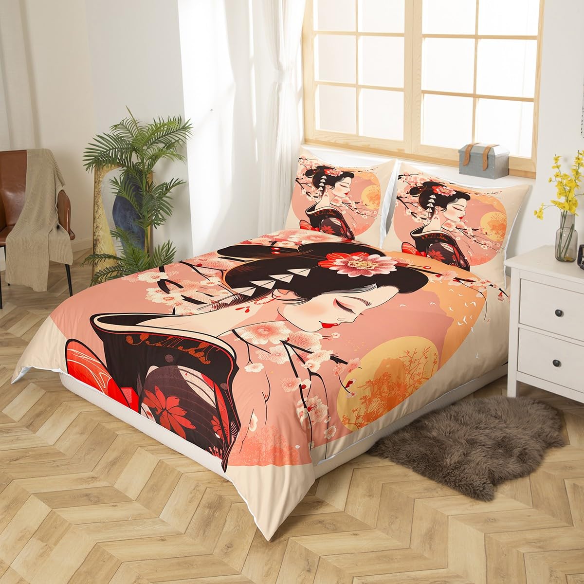 Homemissing Kids Japanese Geishas Bedding Set Double Size Boys Girls Cherry Blossoms Comforter Cover Set Japanese Style Duvet Cover Japanese Tradition Aesthetic Bedspread Cover (No Comforter) - Image 2