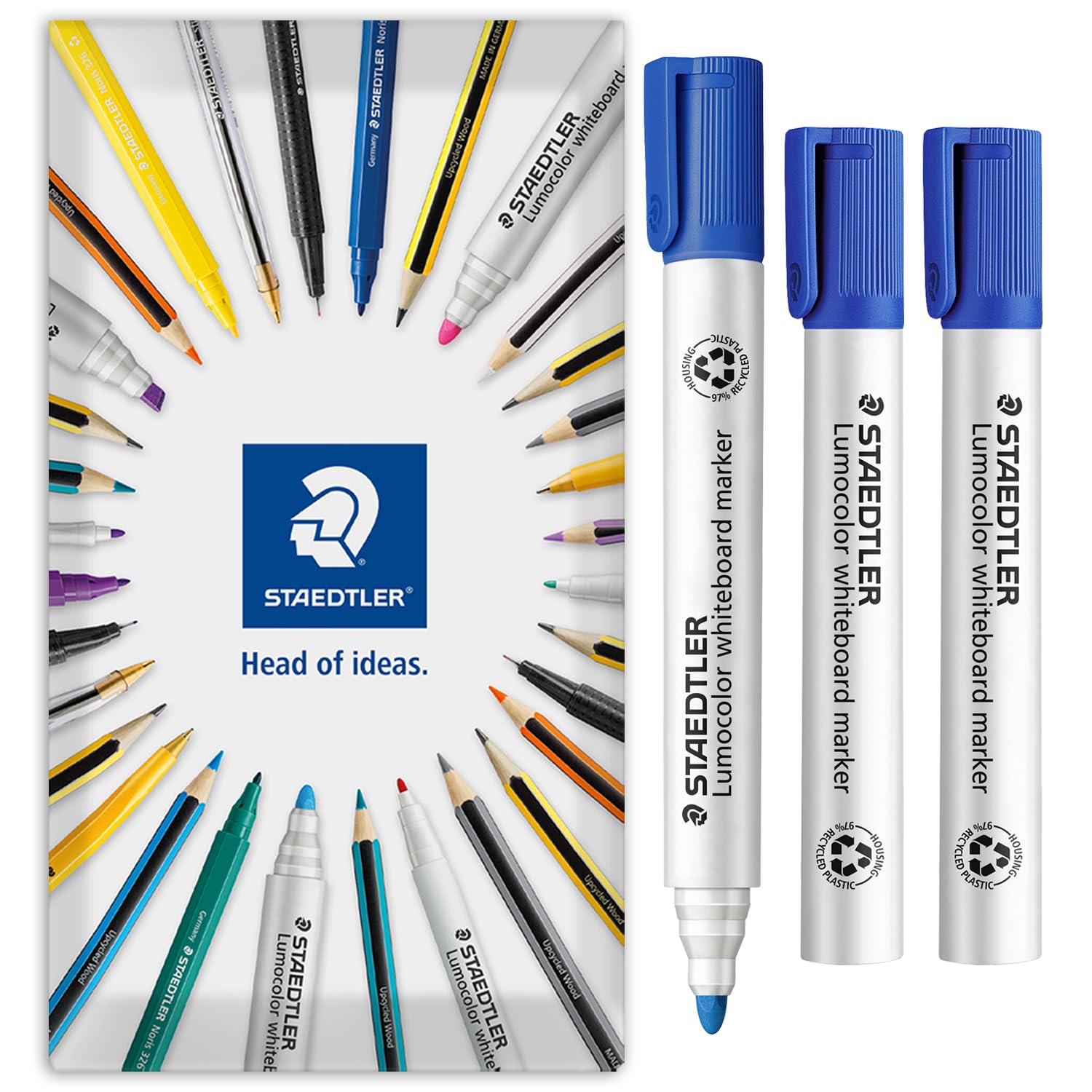 STAEDTLER 351 Lumocolor Whiteboard Marker Bullet Tip Pen | 2.0mm Line Width | Dry Wipe Markers for Whiteboards | Fast Drying, Low Odour, Refillable Pens | Pack of 3 Pens (Blue)