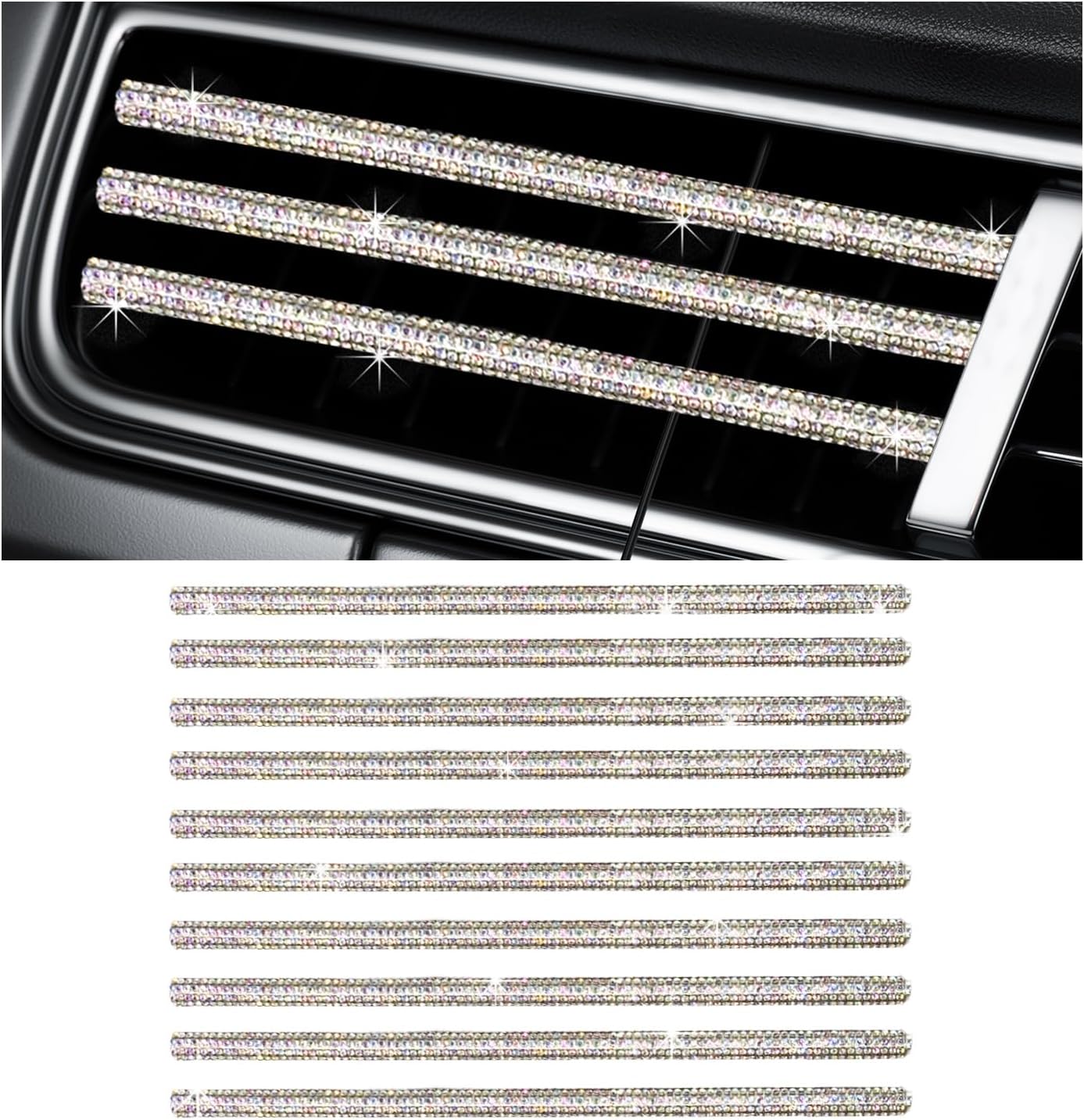 Bling Car Vent Outlet Trim, Rhinestone Shiny Auto Air Conditioner Decorative Strip, Waterproof Bendable Diamond Seal Strip Line Car Decor for Straight Air Conditioning Outlet (AB)