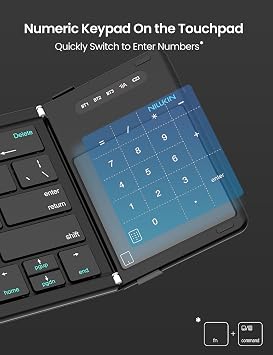 Nillkin Foldable Bluetooth Keyboard Folding with Touchpad & Number Pad, Portable Wireless Full Size Travel Keyboard with Trackpad for PC Laptop iPad Tablets Smartphone, Silicone Leather Cover, Black