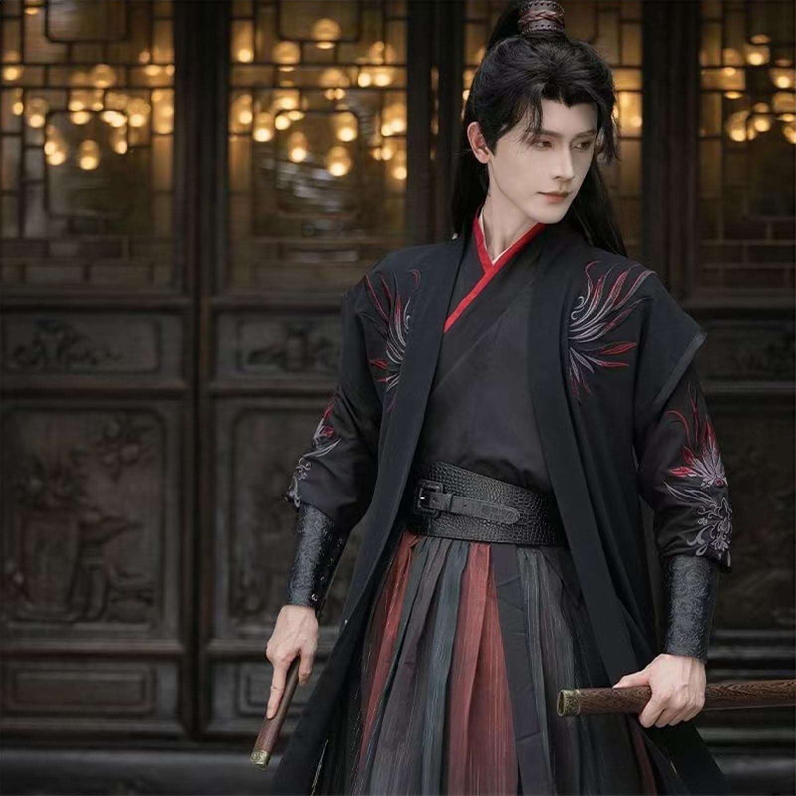 Schwarz-rotes Hanfu-Kleid for Herren, traditionelle Stickerei, Kreuzkragen, Kostüm, Vintage, Nachtschwertkämpfer, Cosplay-Kleidung