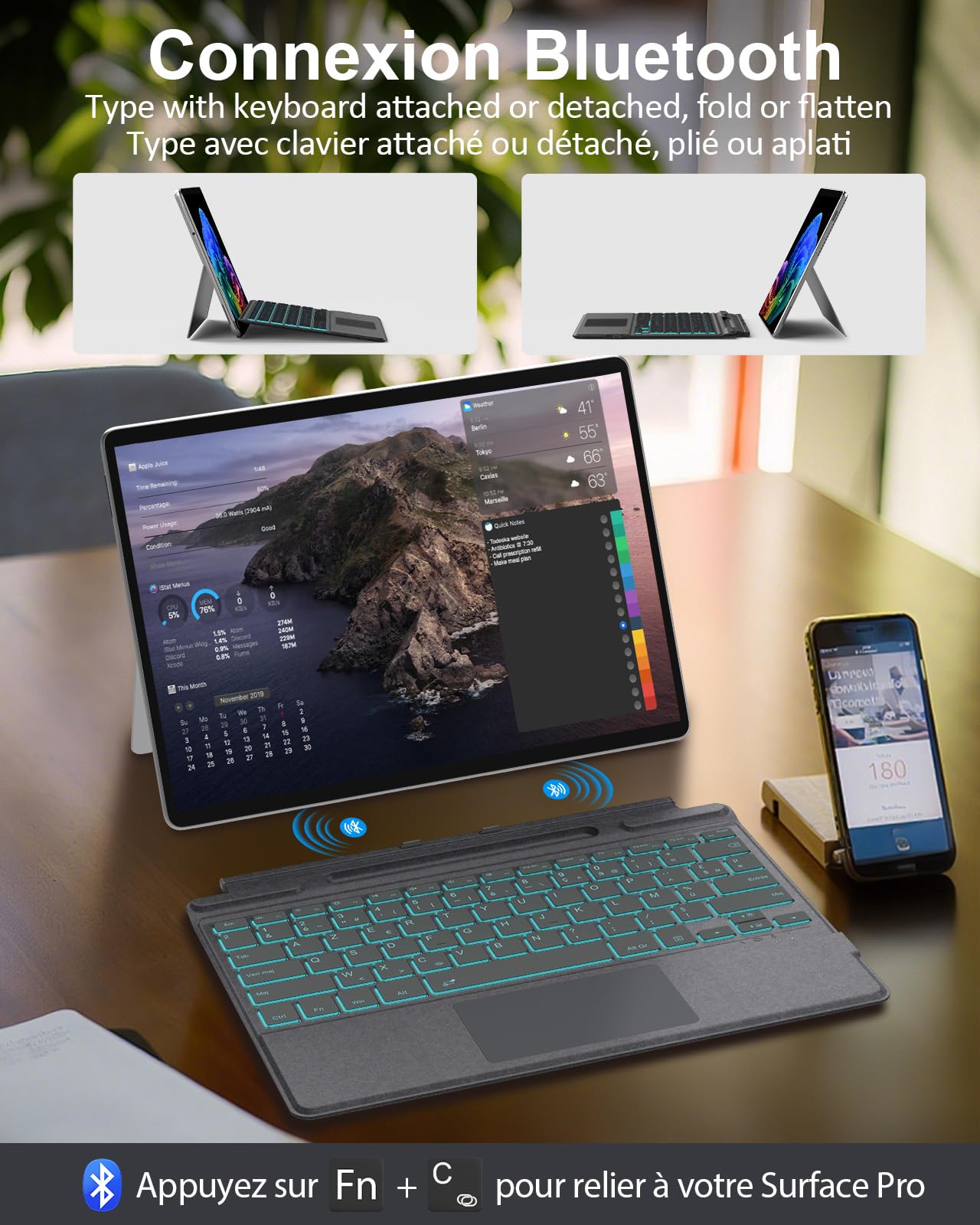 MoKo Clavier Français Compatible avec Microsoft Surface Pro 12 (13 Pouces 12ᵉ Génération 2026)/11/10/ 9/8/ X, Clavier AZERTY Bluetooth avec Pavé Tactile, Rétroéclairage 7 Couleurs, Rechargeable