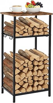 2-Tier Winter Firewood Rack with Tabletop 4 Hooks Indoor Outdoor