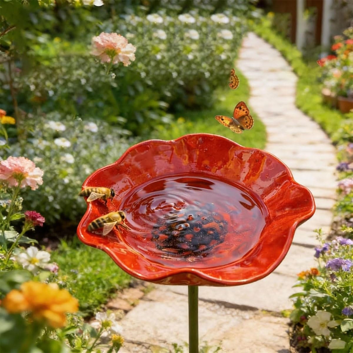 Handgefertigter Blumen-Gartenstecker aus Metall, mit Bienenbad und Vogel-Wassernapf, Bienenbad for den Garten, Bienen-Wasserspender aus Metall mit Blumendesign, bunte Schmetterlings-Bienen-(3PCS)