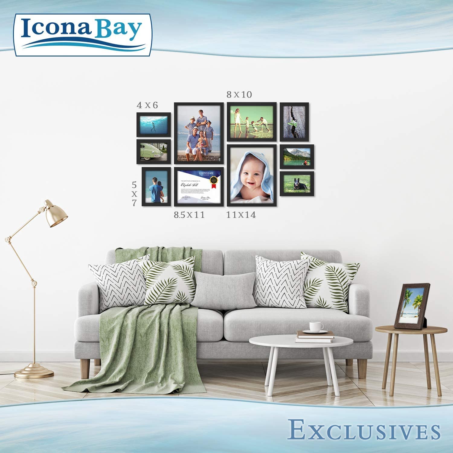Icona Bay Ramki dyplomowe 11 x 8,5 (czarne, 6 sztuk), solidne drewniane kompozytowe ramki na certyfikaty, eleganckie ramki na dokumenty, elegancki design, uchwyt na blat lub ścianę, ekskluzywna