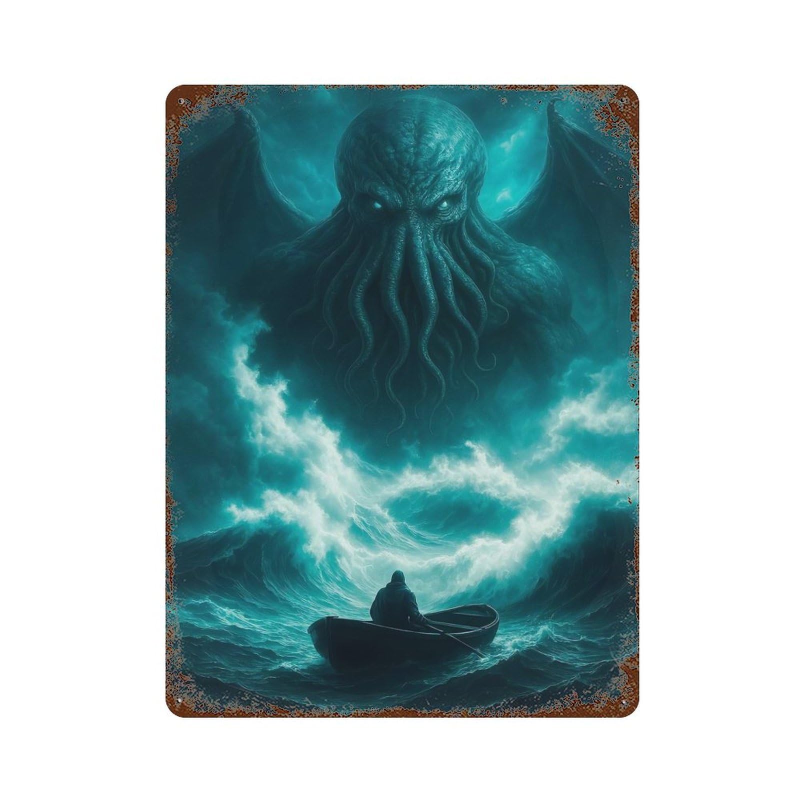 Rust Effect Cthulhu Rising Distressed Metal Wall Sign 15.7"x11.8", Decorative Metal Wall Art for Living Room, Hallway And Home Decor