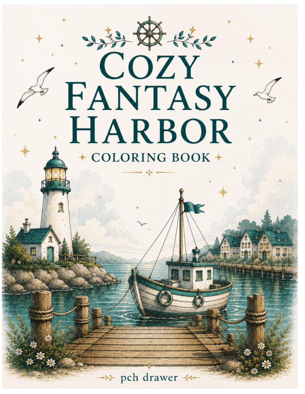 Cozy Fantasy Harbor Coloring Book: 50 Relaxing Seaside Scenes with Boats, Lighthouses & Cozy Coastal Villages