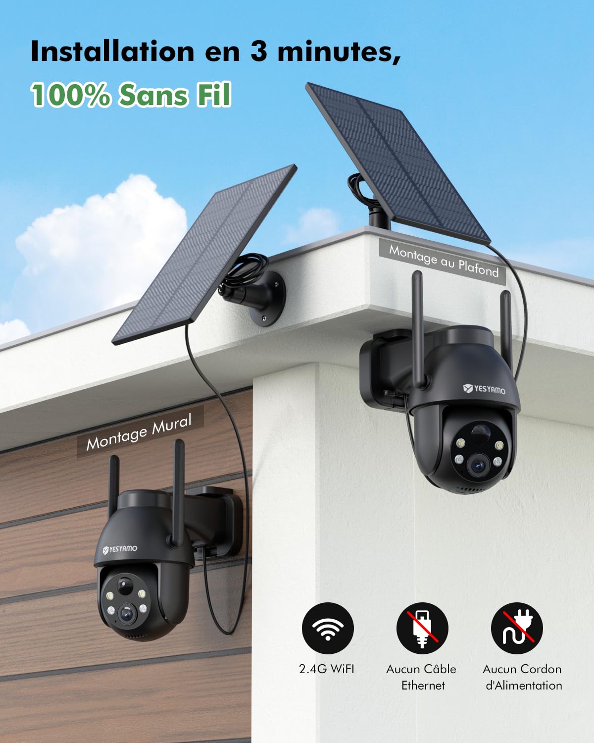 YESYAMO 2K Camera Surveillance WiFi Exterieure sans Fil Batterie | Panneau Solaire Amovible, 360° PTZ, Camera Exterieur Solaire(2.4G), Vision Nocturne Couleur, Détection de Movement, IP66