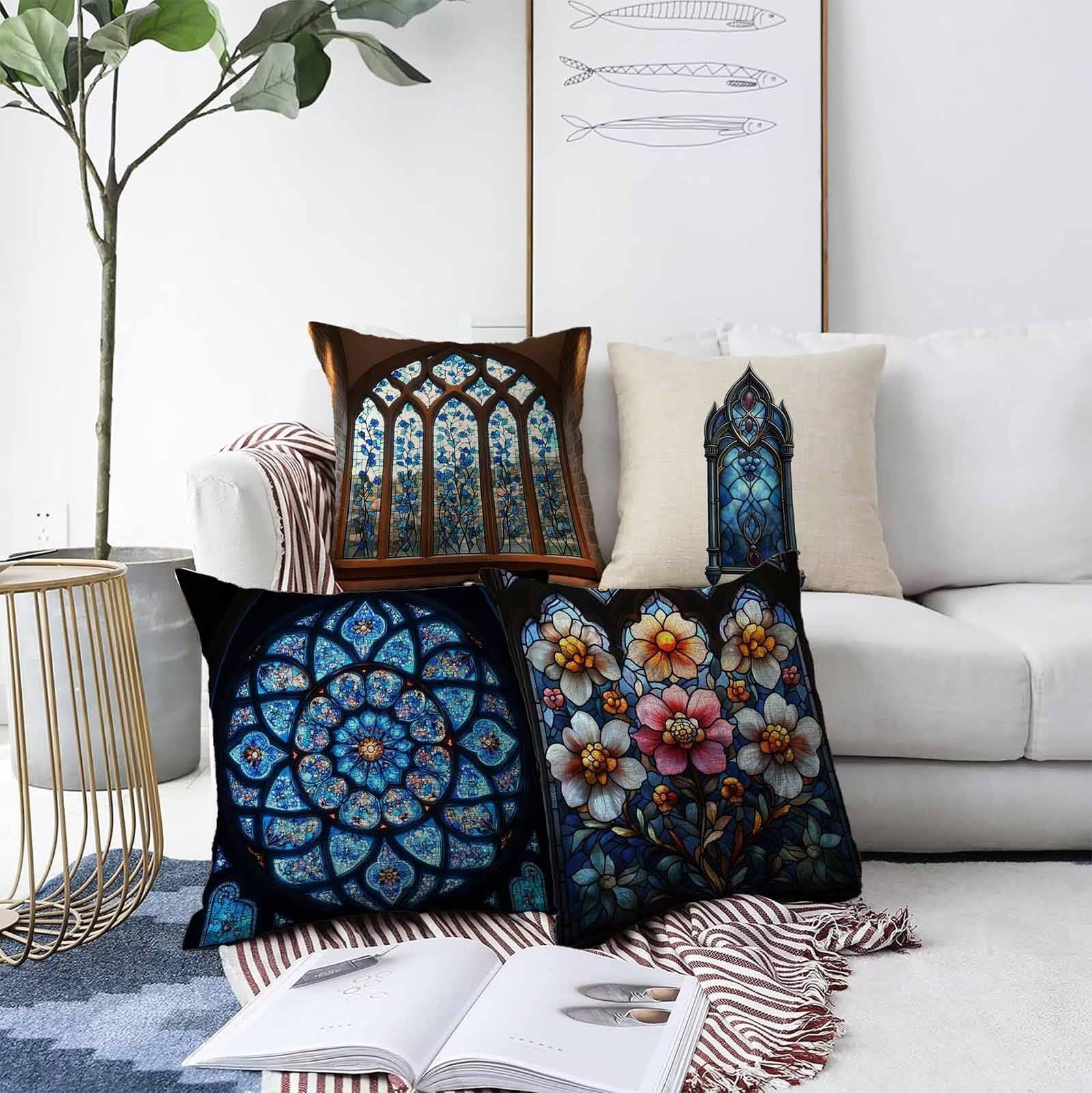 Fleur Housse Coussin 65X65cm Bleu Conception de Motifs Lin Matériel Coussin Canape Lot de 4, avec Fermeture Eclair Caché Exterieur Impermeable pour Lit Chambre Canapé Decoration Maison PjY3068 1-Q