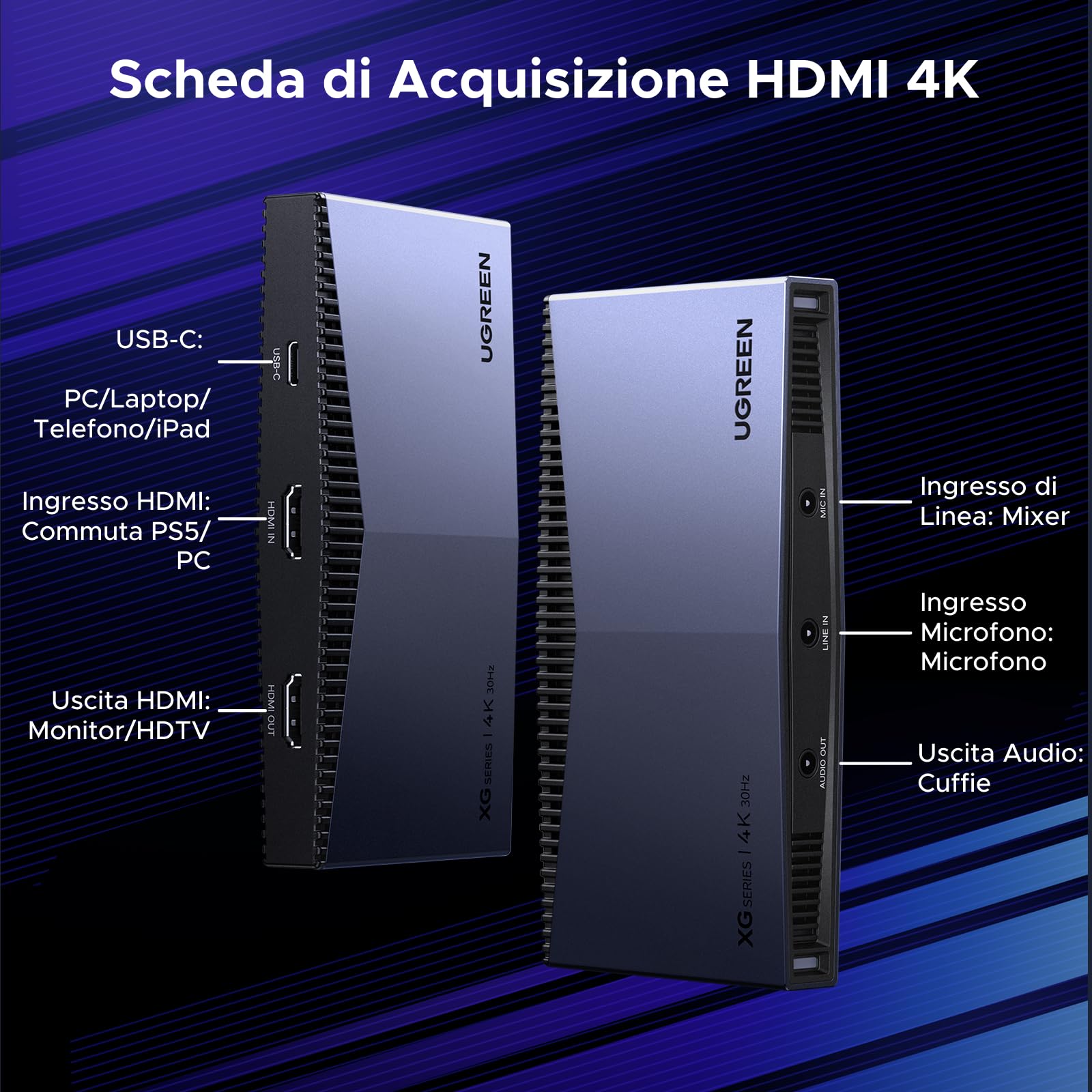 UGREEN Carta di Acquisizione Video HDMI 4K 30Hz USB-C 3.2, Registrazione e Streaming 4K 60Hz, Uscita Loop, Compatibile con PS5/4 Pro, Xbox Series X/S/One, Switch 2, MacBook, PC, iPad, Fotocamera