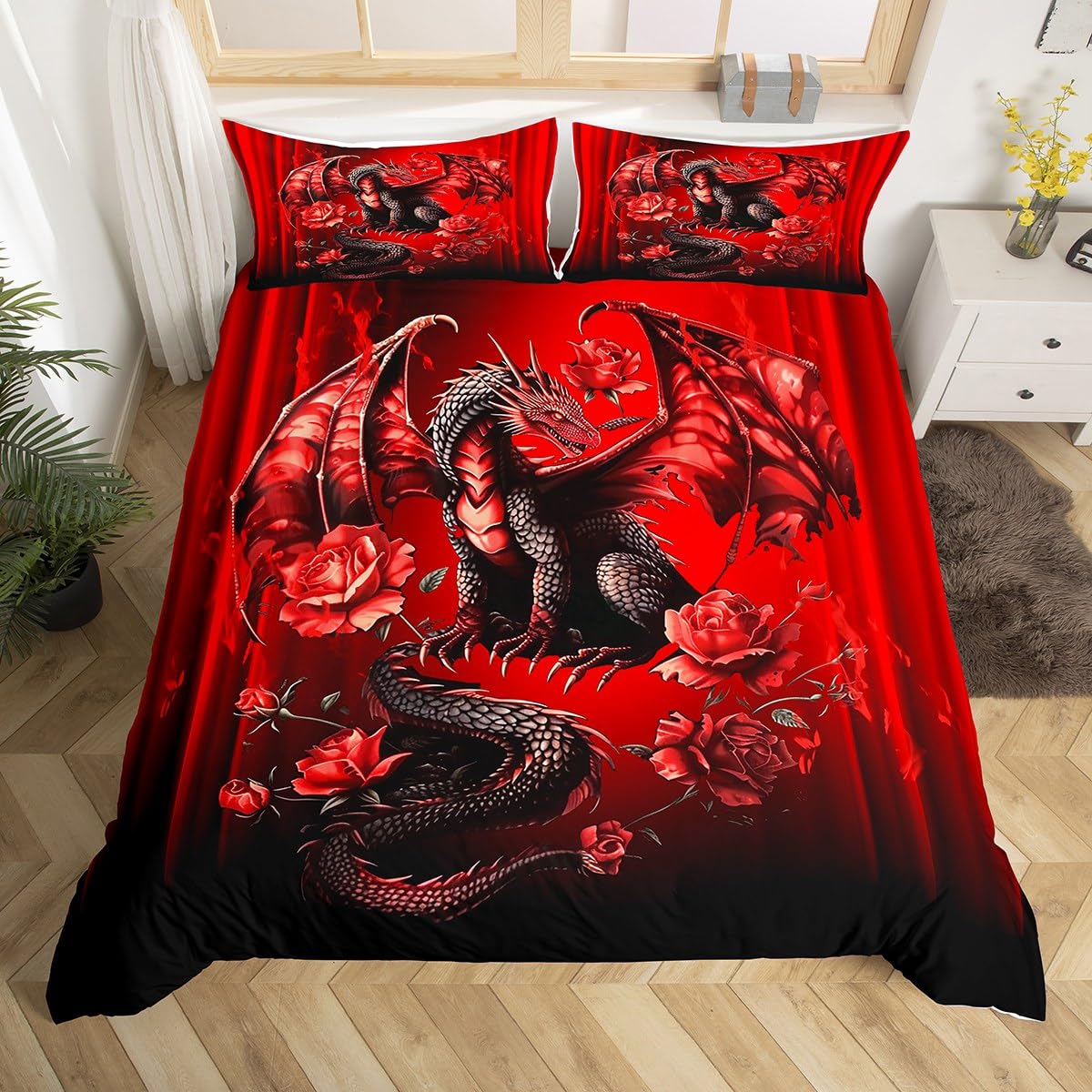 Homemissing Dragon Duvet Cover Gradient Red Ombre Dragon Teens Women Bedding Set for Kids Boys Girls Rose Flower Dragon Decor Comforter Cover Romantic Bedspread Cover 3Pcs Double Size