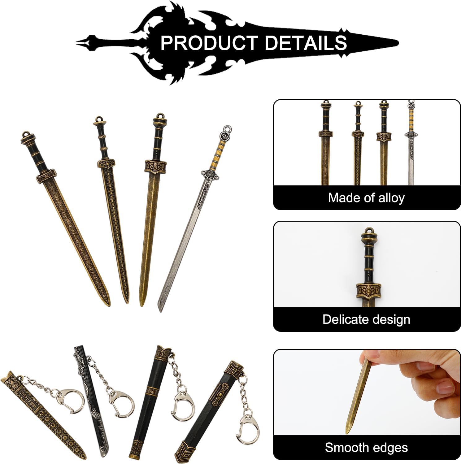 4 Pcs Mini Katana Keychain Chinese Ancient Mini Sword Keychain Metal Katana Toy Model with Pull Out Mini Sword Shaped Letter Parcel Opener Sword Ornaments