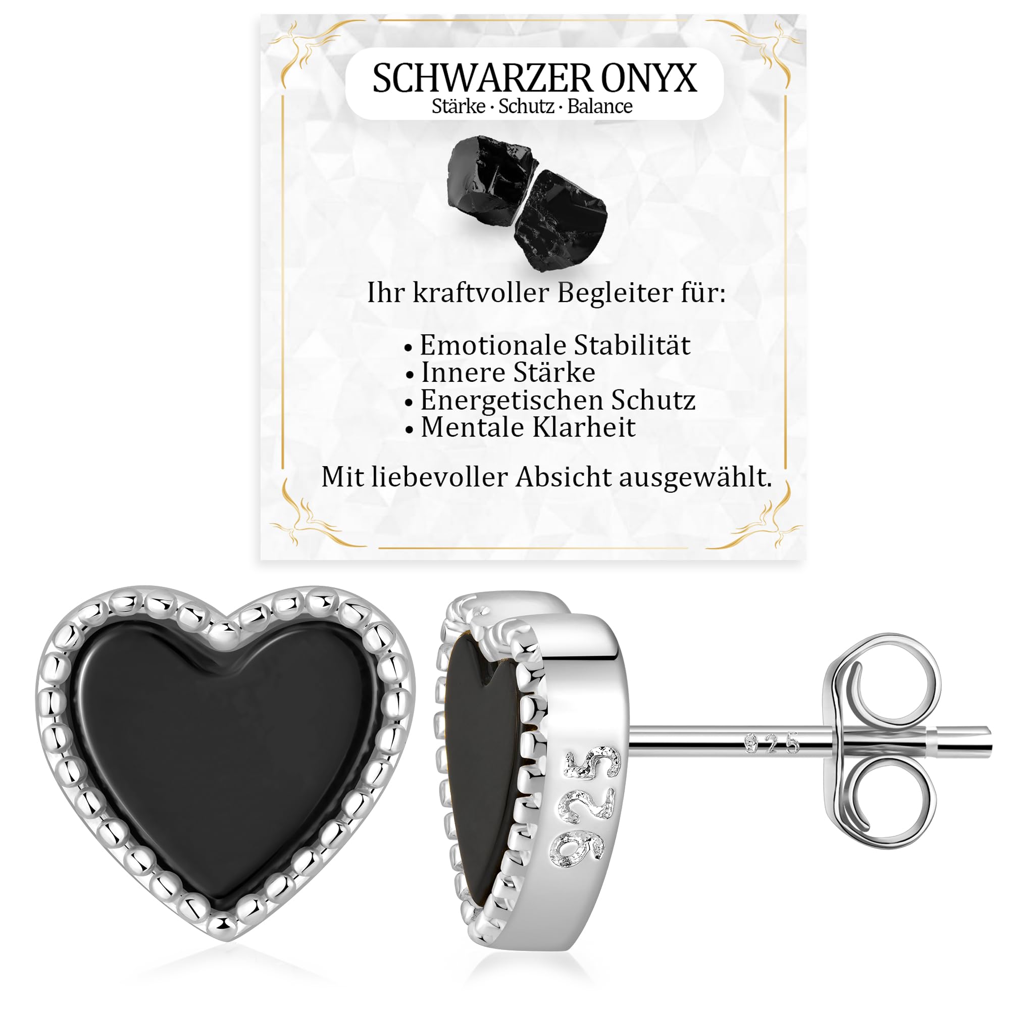 JANDY SHINE Herz Weiße Perlmutt/Schwarzer Onyx Ohrringe für Damen 925 Sterling Silber Hypoallergene Natürlicher Edelstein Ohrstecker