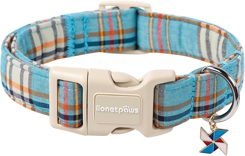 Coleira para Cães com Estampa Xadrez Azul e Fivela Plástica lionet paws – Tamanho M