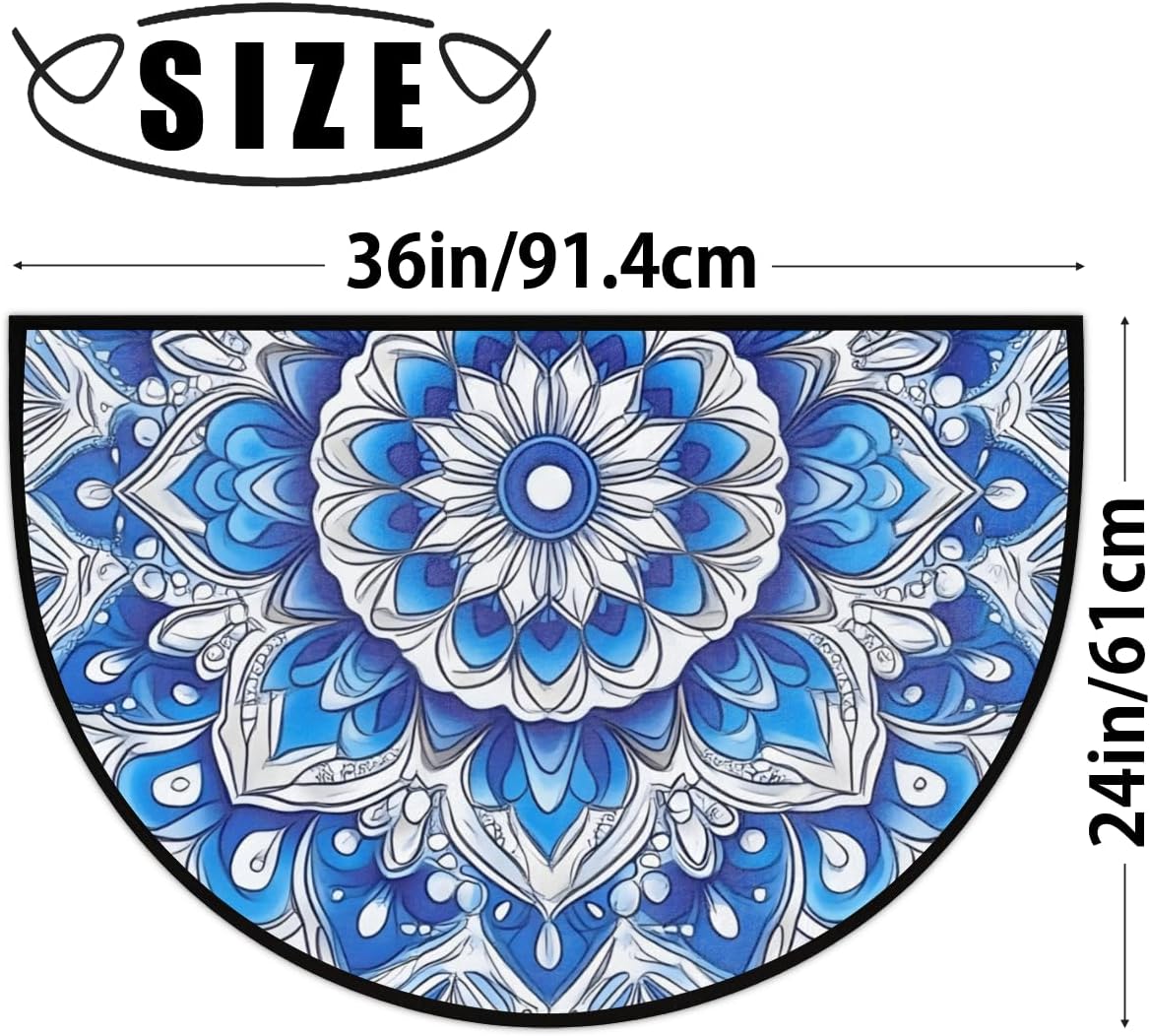 cfpolar Non-Slip Soft Half Round Door Mat, Bohemian Mandala Blue Semicircle Mat for Indoor Entrance Garage Bath Living Room Patio 24 x 36 in