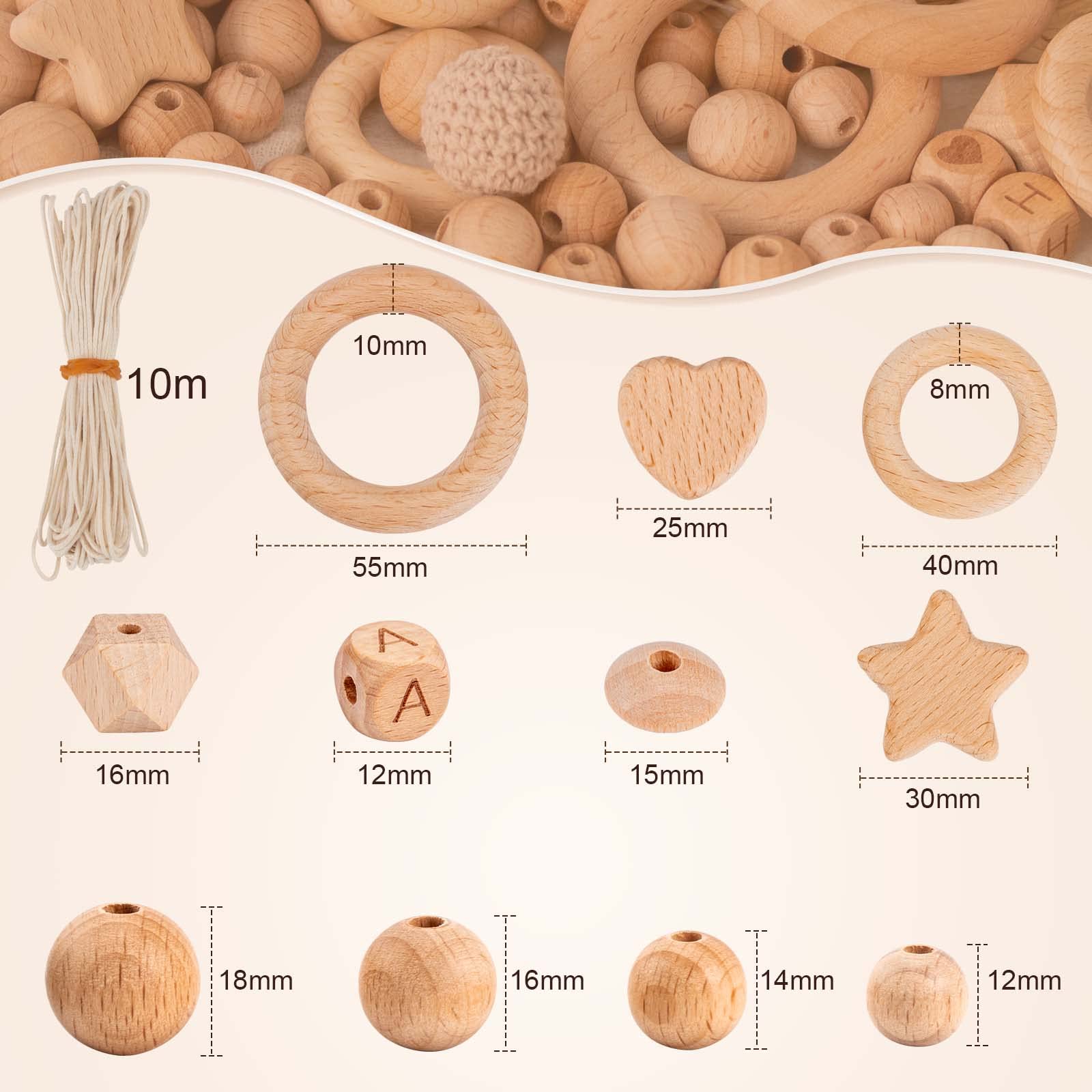 Holzperlen Holzringe Set 322 Stück Buchenholzperlen Rund Holzkugeln mit Loch für Makramee DIY Schmuck