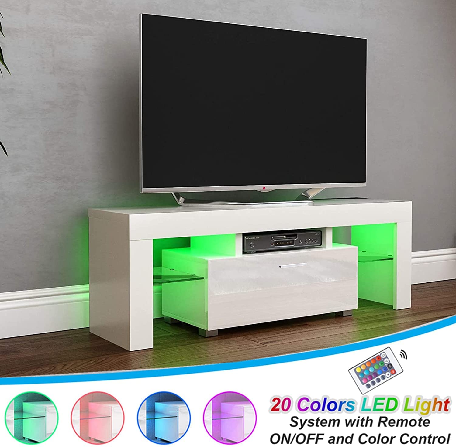 Binrrio TV Stand with 16 Color LED Light, Modern TV Cabinet with Shelf, Media Storage Entertainment TV Stand Cabinet for Up to 55 Inch TV, Television Table Center for Living Room Bedroom, White