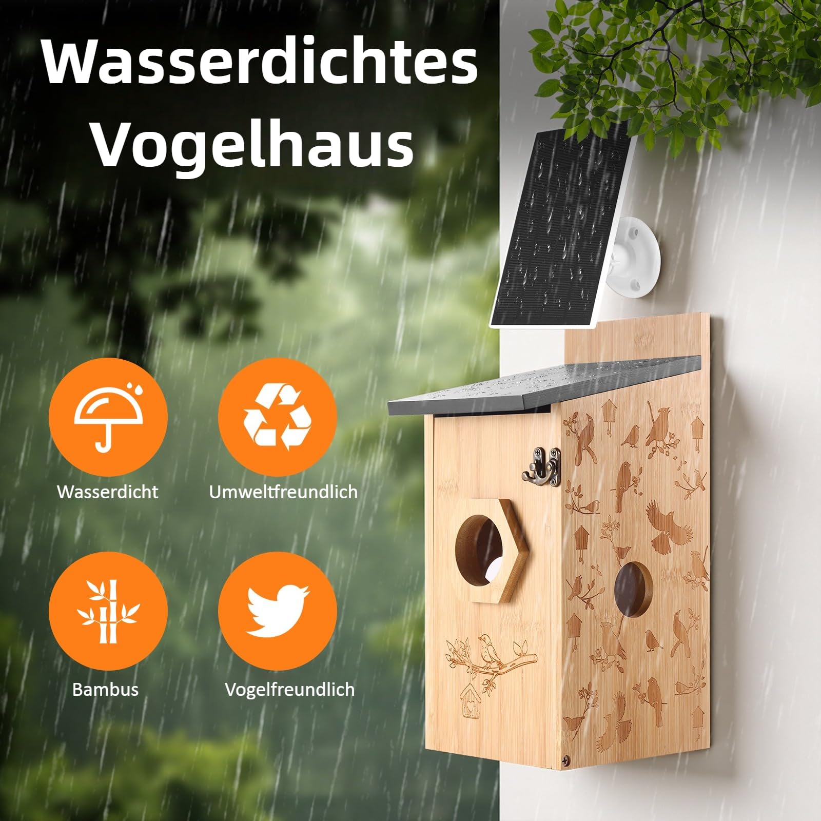 Nistkasten mit 5MP Kamera Solar, Vogelhaus Wetterfest zum Aufhängen, 2,4G WiFi & App Benachrichtigung, Video/Fotoaufnahme & Bewegungserkennung, Beobachten Sie das Nisten und Schlüpfen, Nachtsicht,A