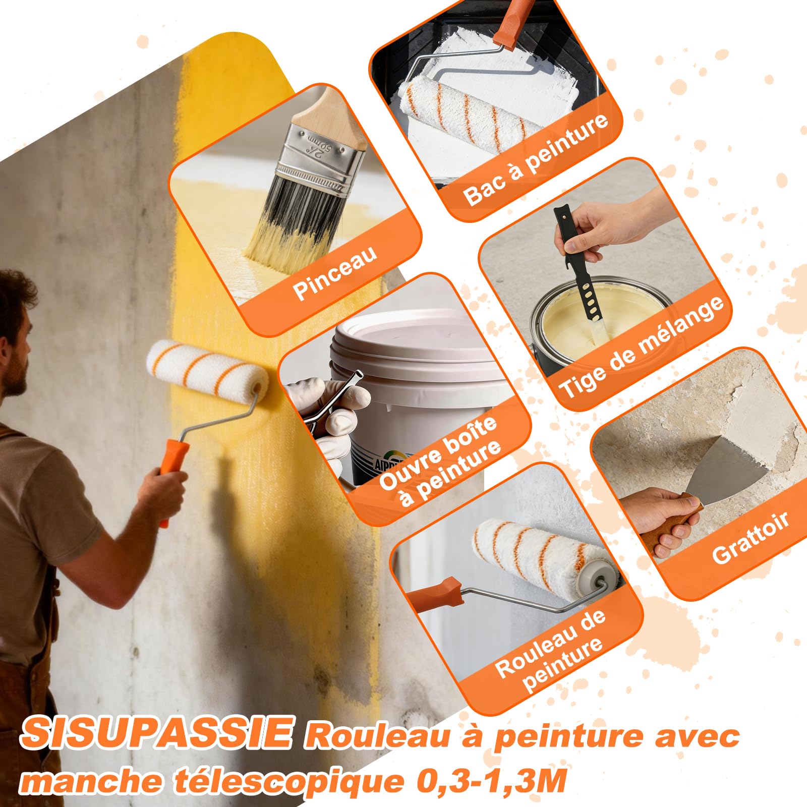 SISUPASSIE Kit de 27 pièces rouleau peinture, comprenant rouleau a enduire de 23 cm et 10 cm, pinceaux peinture, bac peinture et un manche télescopique de 0,3 à 1,3 m, pour murs, plafonds et portes