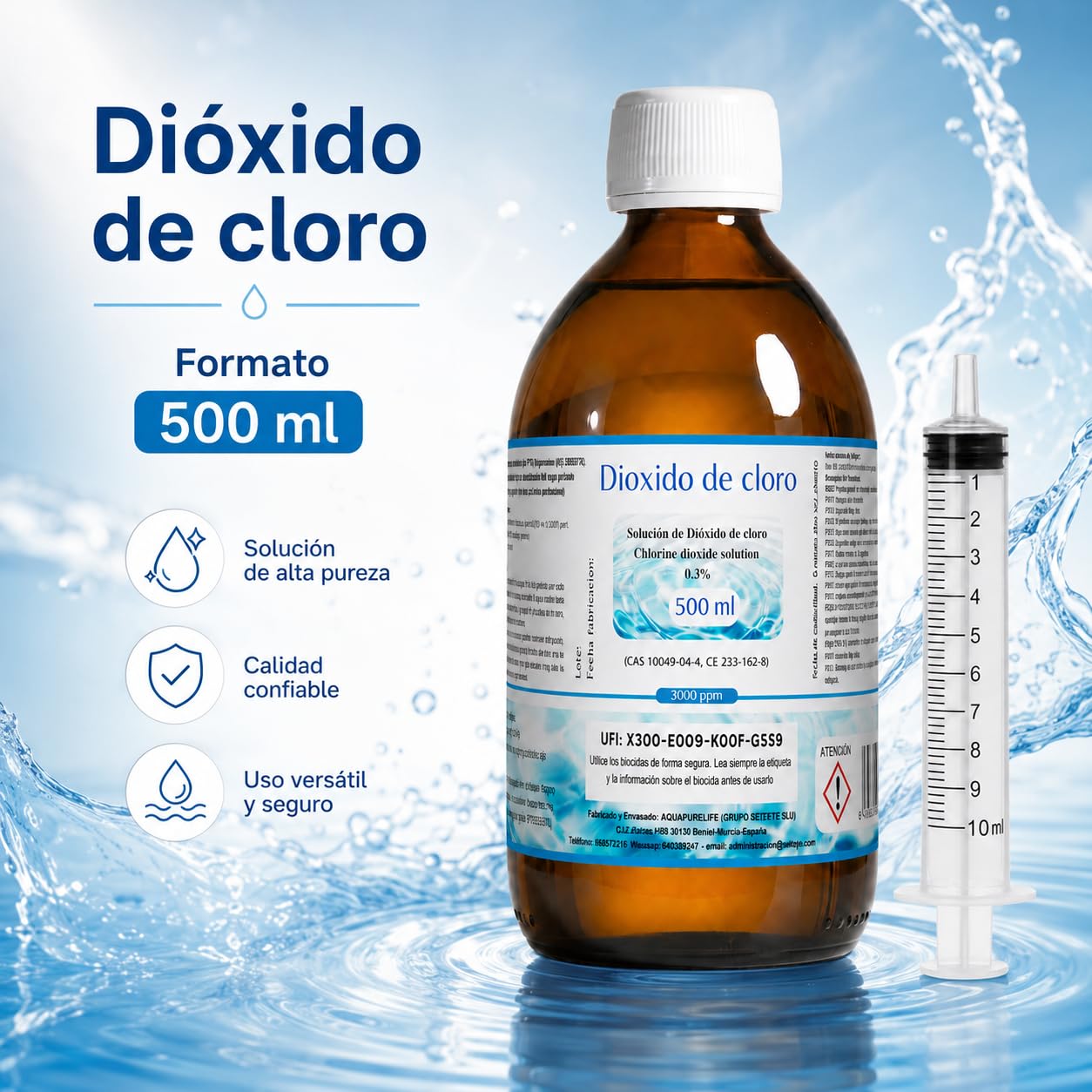 Dioxido de Cloro 3000ppm - CDS 0,3% - Envasado en Botella Cristal Ambar - Fabricado en España (500ml)