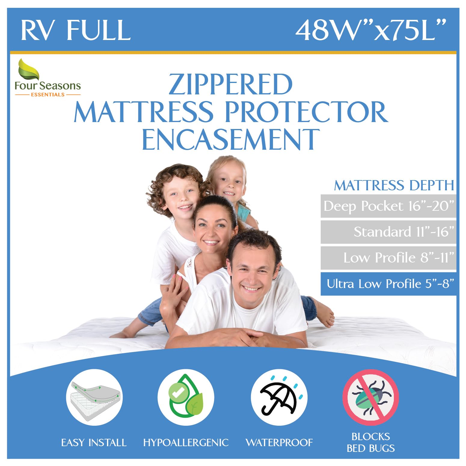 RV Short Full Mattress Protector (48” W x 75" L) Fits 5"-8" Depth - Waterproof Zippered Encasement - Hypoallergenic Premium Bed Cover Protects from Dust Allergens-image-16