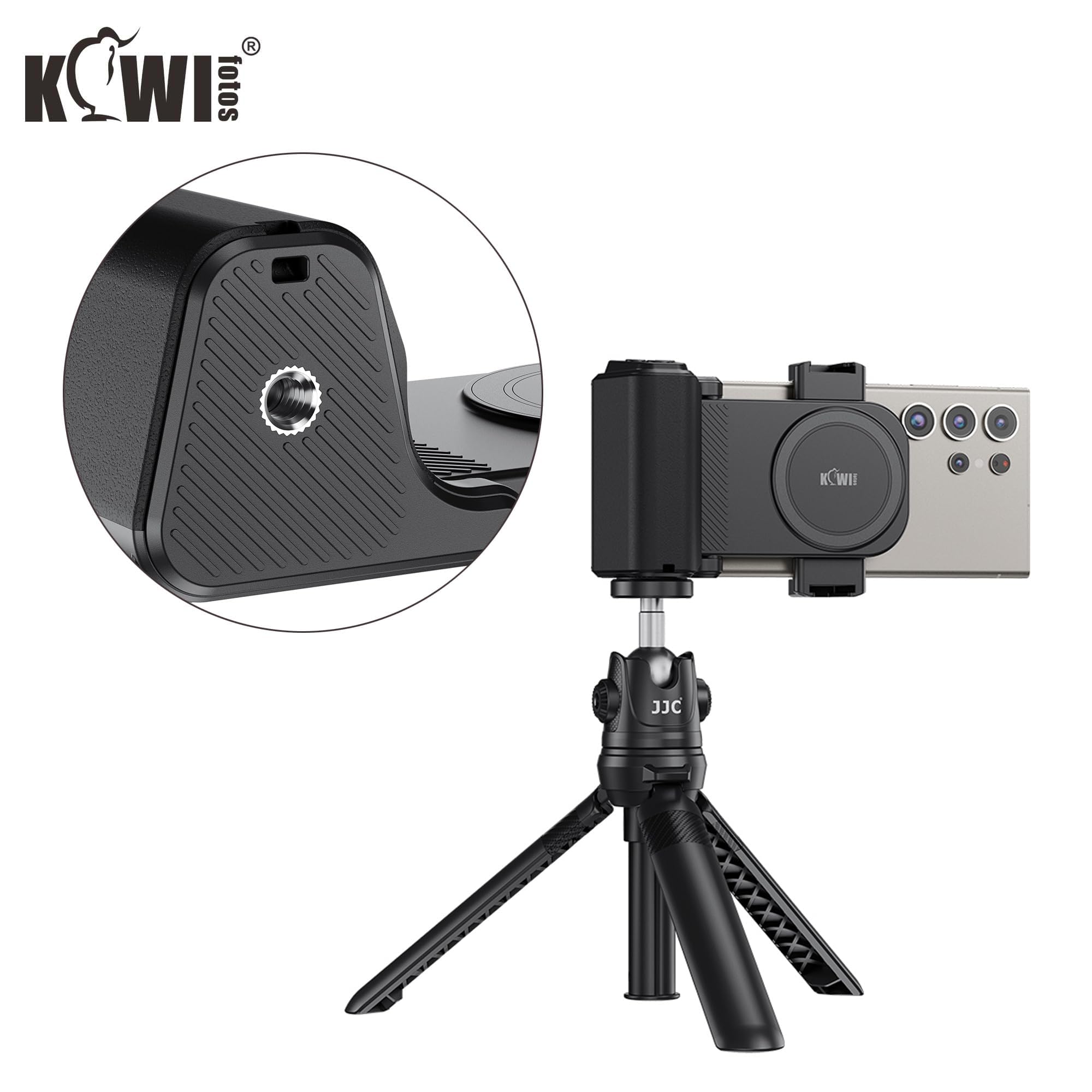 KIWIFOTOS Impugnatura Grande Smartphone Grip con Wireless Telecomando Bluetooth, Registrazione Vlogging Riprese per Telefoni Android e iOS Larghezza 59-85mm