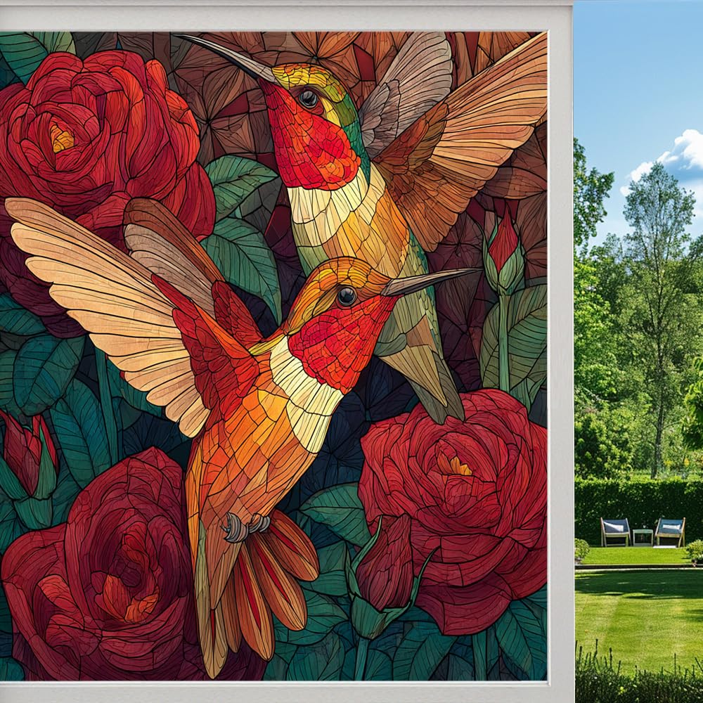 Retro Hummingbird Frosted Window Film, Colorful Bird Floral Landscape Stained Glass Privacy Film, Heat Insulation Self-Adhesive Vinyl for Bathroom Office, （50x100cm）