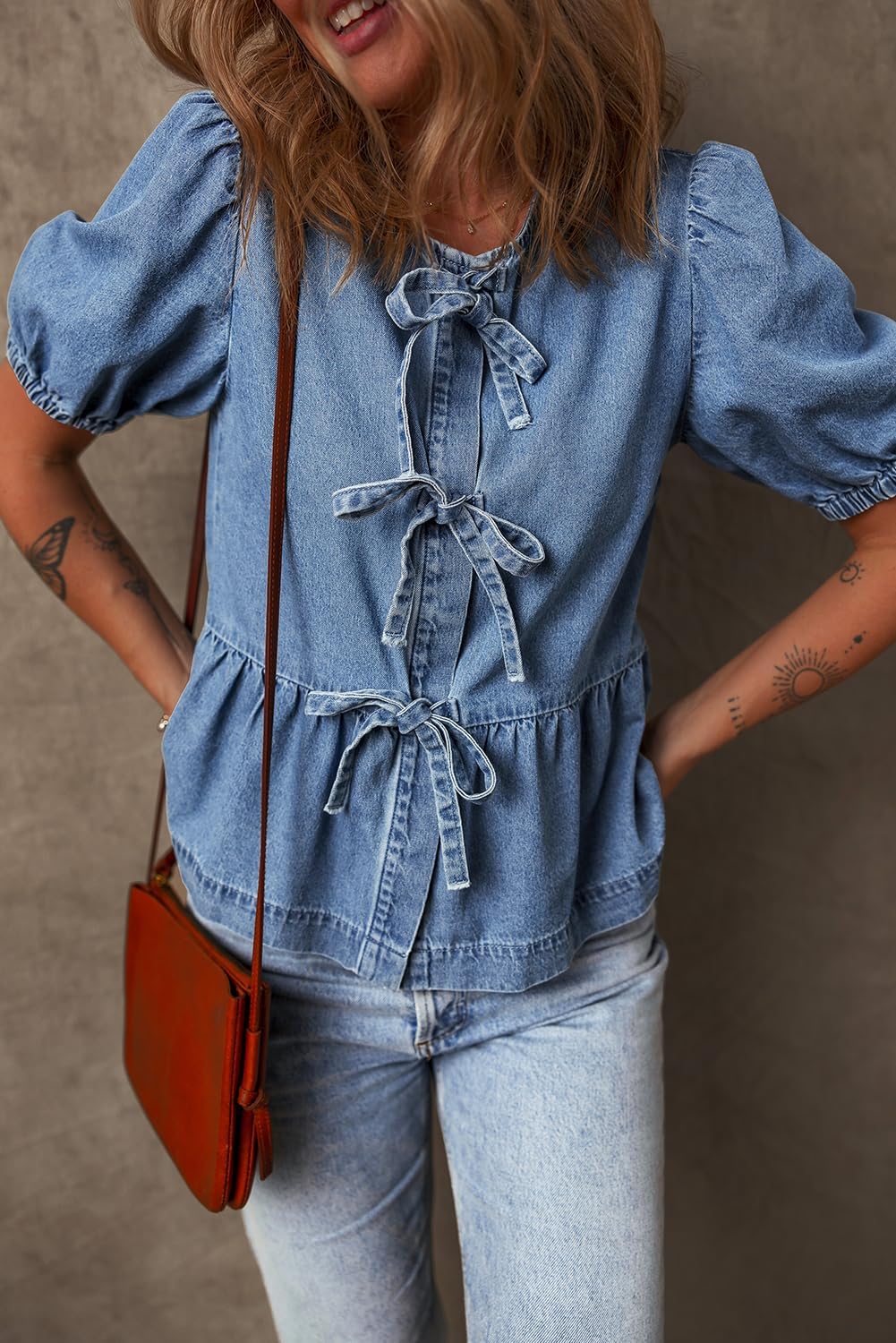 Deer Lady Womens Denim Shirt Bow Tie Front Tops Puff Sleeve Blouses Babydoll Peplum Summer Trendy Crewneck Shirts