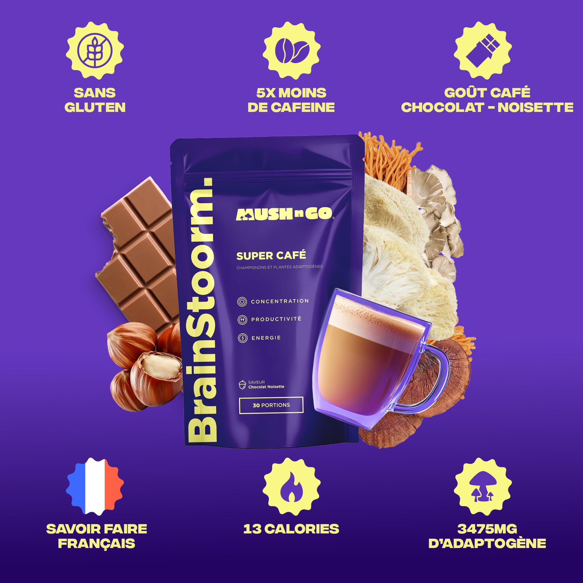 Brainstoorm Mushngo - Súper Café con Hongos Adaptógenos: Lion’s Mane, Cordyceps, Chaga - Vegano - Concentración, Energía, Claridad Mental - 30 tazas de 8g