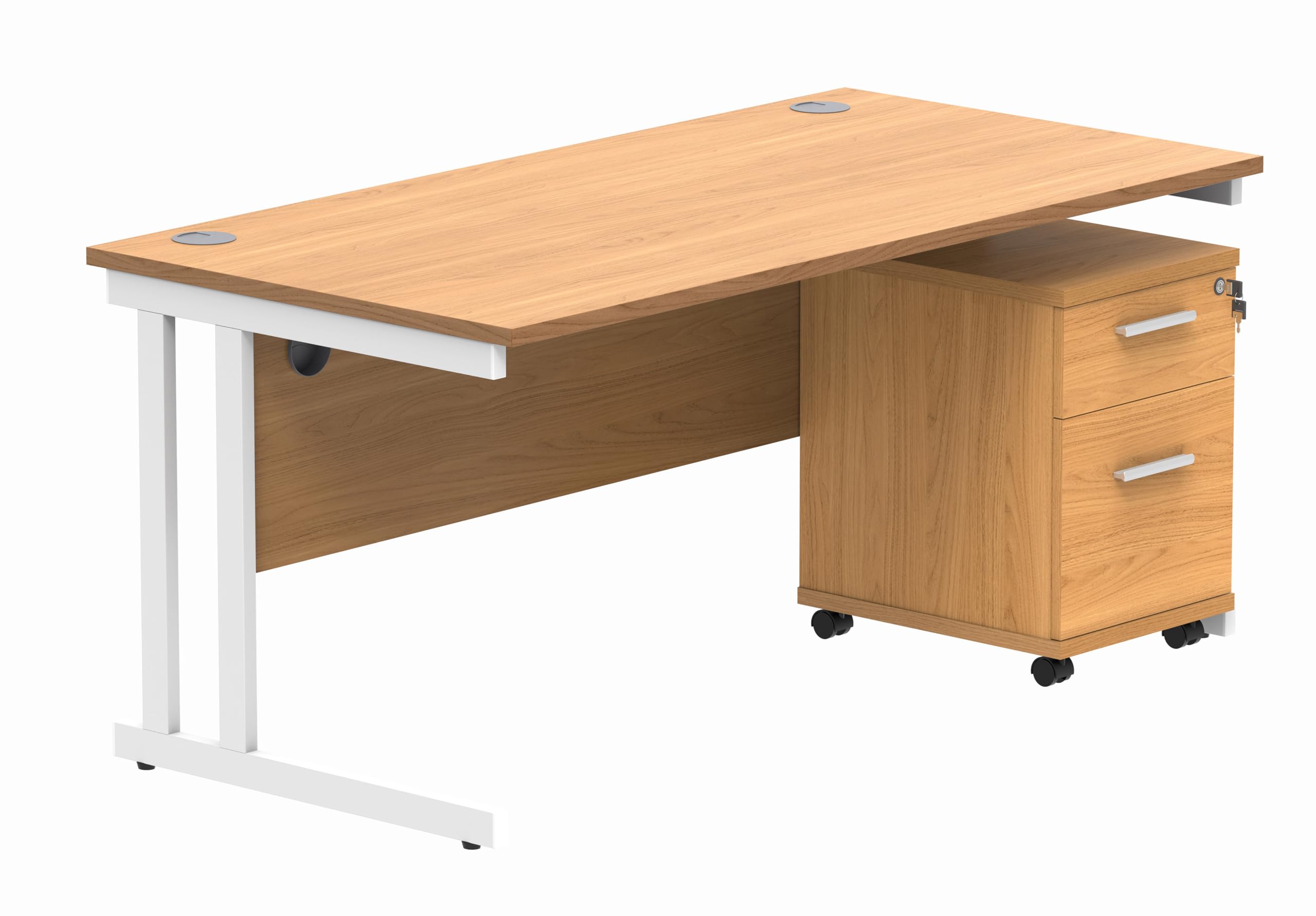 Office Hippo Heavy Duty Contract Grade Office Desk Workstation and Lockable 2-Drawer Pedestal Set, 120kg Weight Tolerance, 5-Year Warranty, FSC Certified, Norwegian Beech, White Legs, 1600 x 800mm